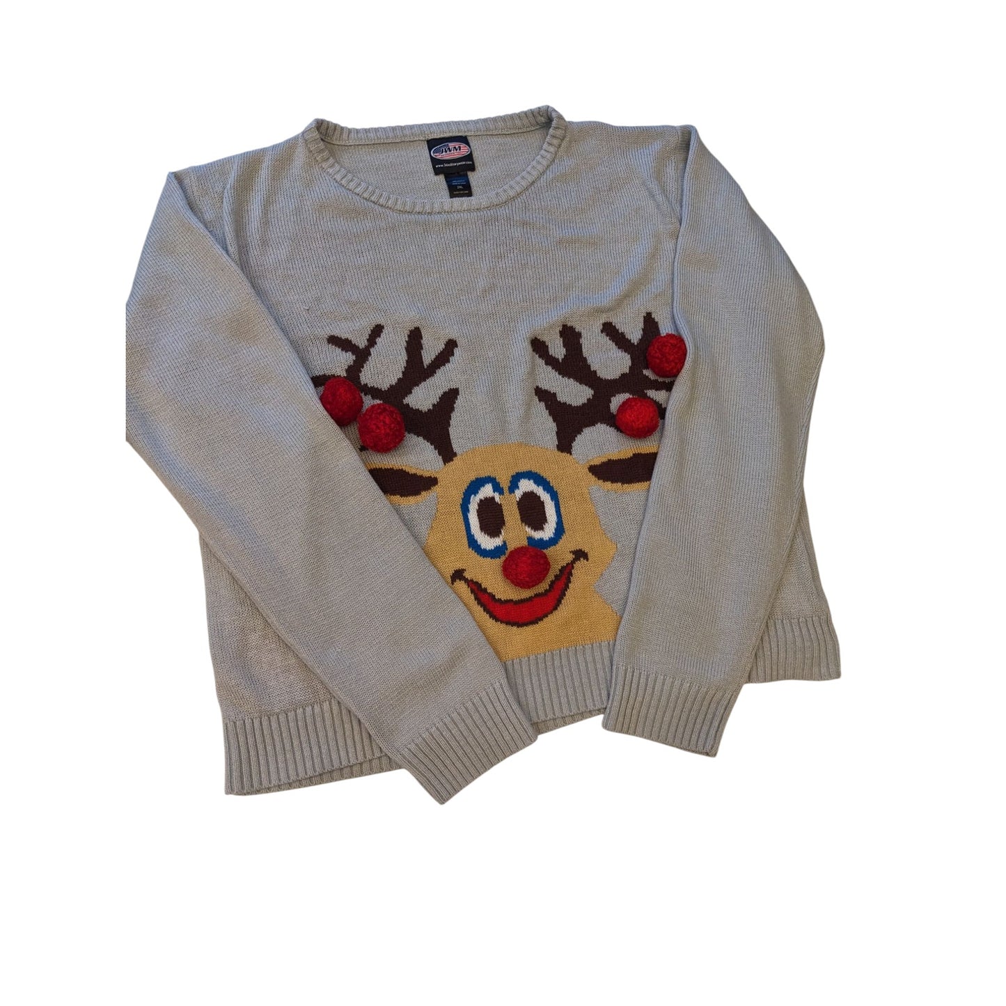 Ugly Christmas Sweater Women 2XL Reindeer 3D PomPom Acrylic Pullover Long Sleeve
