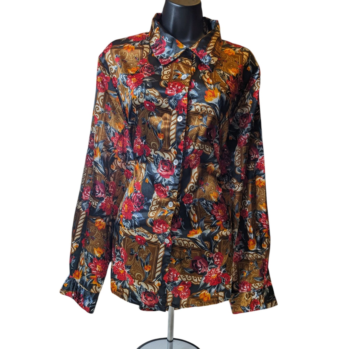 Jordan Blouse Shirt Women XL Button Floral Baroque Long Sleeve Silky Polyester