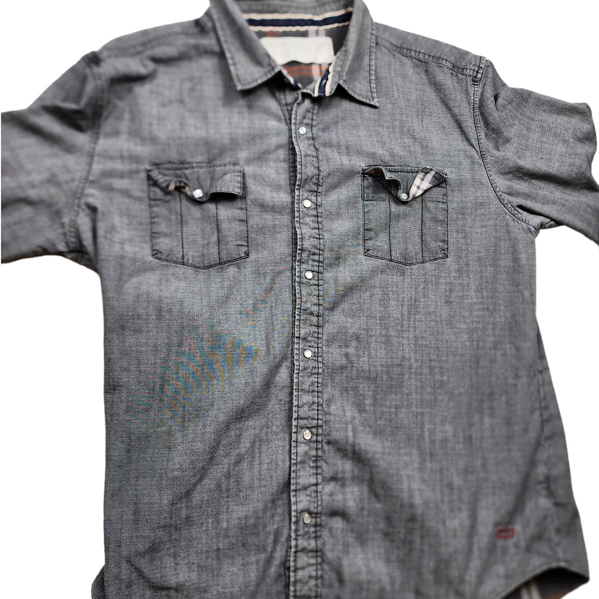 Levis Shirt Mens Large Gray Long Sleeve Pearl Snap Denim Look Distressed Rugged