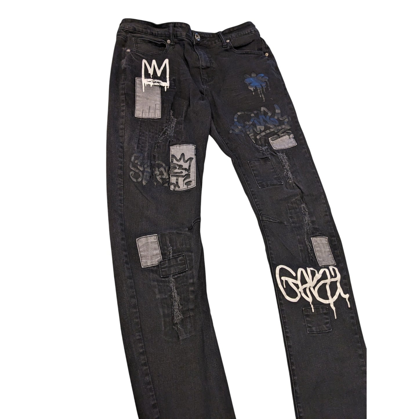 Rutherford Skinny Fit Jeans Mens 34 Distressed Graffiti Patches Streetwear Bold
