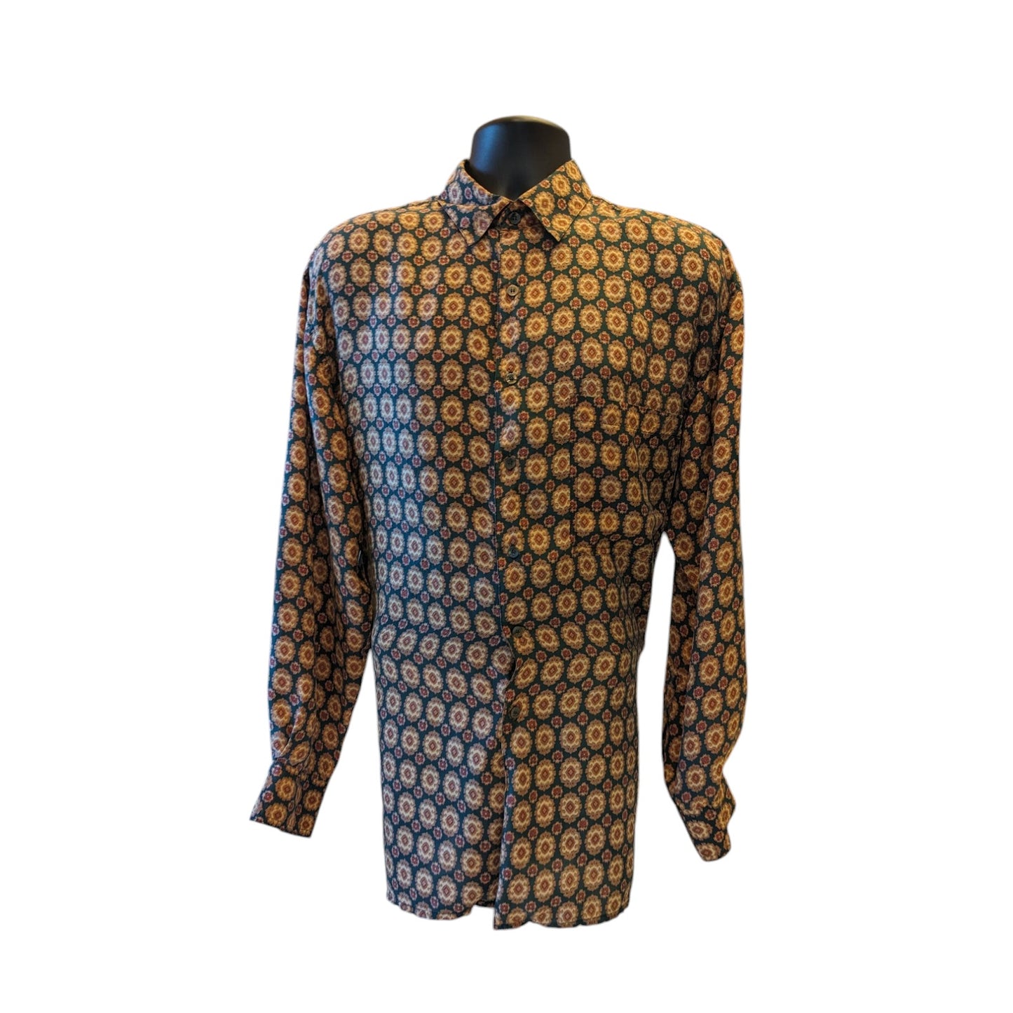 Robert Stock Silk Shirt Men Large Vintage Long Sleeve Button Geometric Paisley