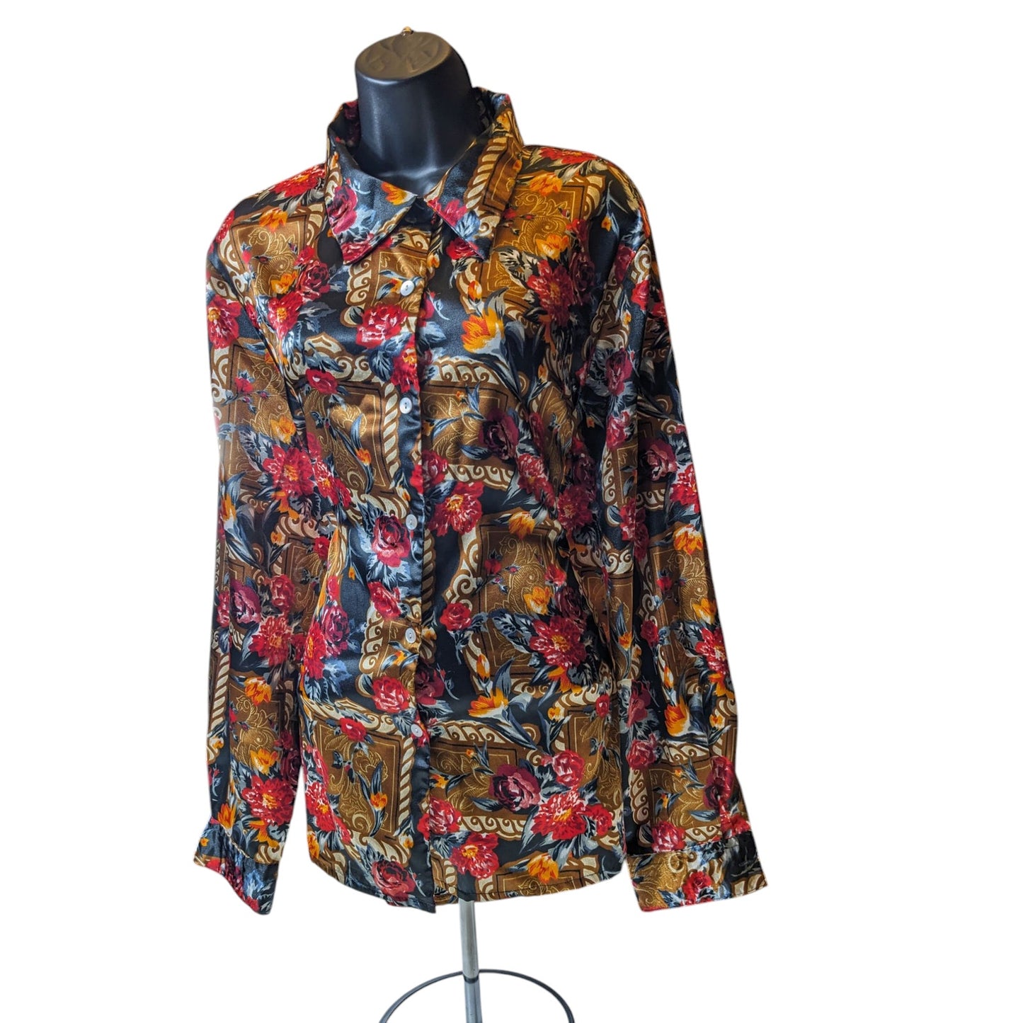 Jordan Blouse Shirt Women XL Button Floral Baroque Long Sleeve Silky Polyester