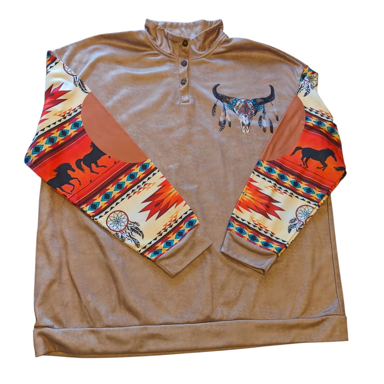 Western Pullover Shirt Sweatshirt Men 3XL Long Sleeve Aztec Skull Southwest Boho