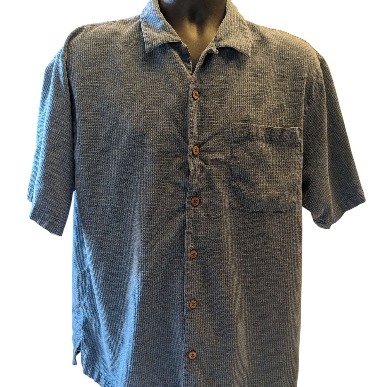 Tommy Bahama Mens Large Short Sleeve Shirt Blue Button Front Cotton Camp Collar