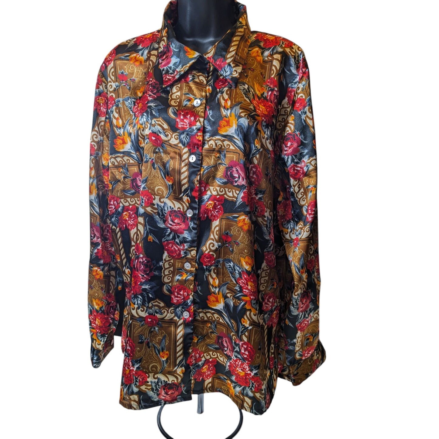 Jordan Blouse Shirt Women XL Button Floral Baroque Long Sleeve Silky Polyester