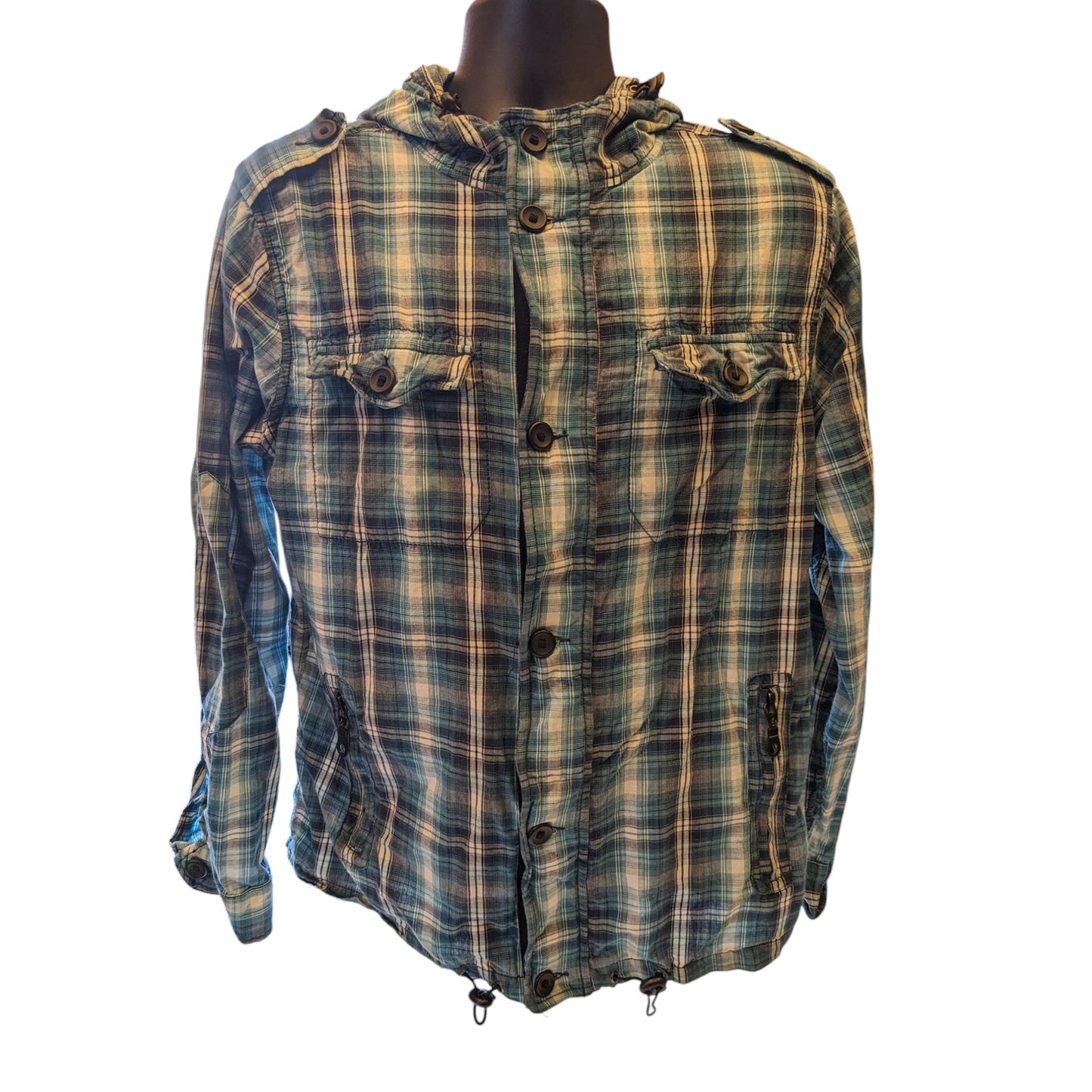 New Look Hoodie Mens Medium/Large Blue Plaid Lightweight Hooded Jacket British