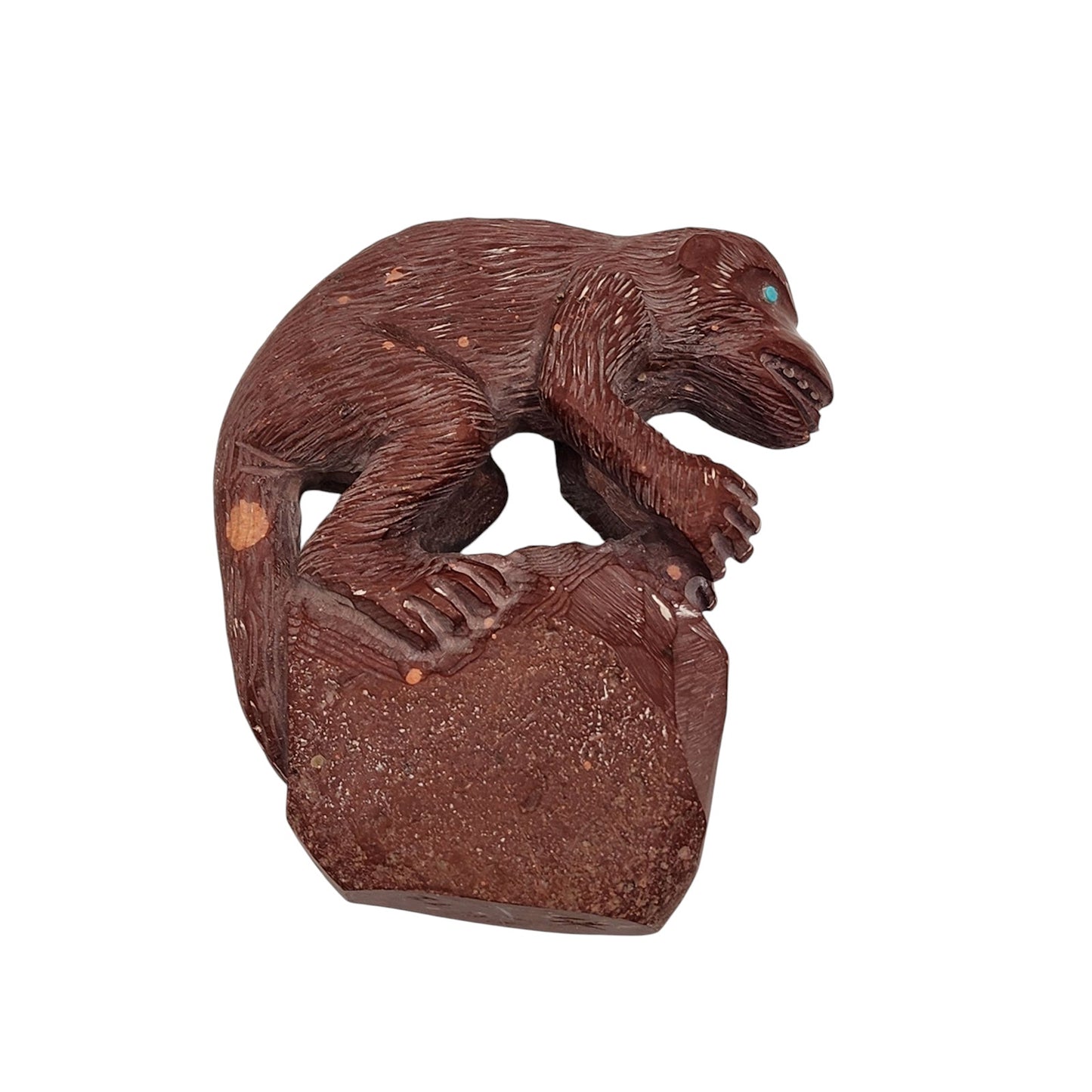 Native American Zuni Monkey Fetish Derrick Kaamasee Pipestone Carve Turquoise 4"