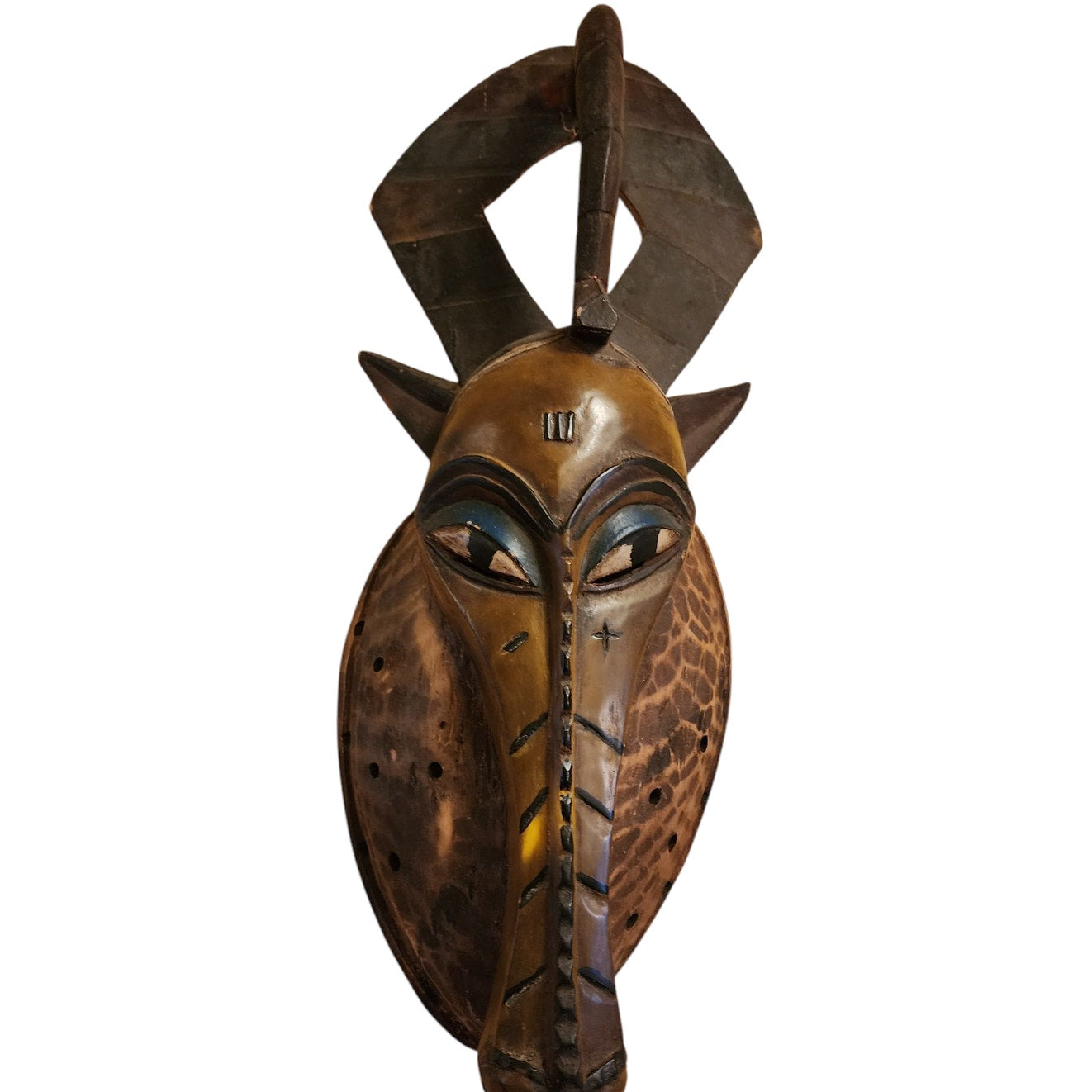 African Antelope Mask Hand Carved Wood Tribal Wall Art Rope Hanger Vintage 26"