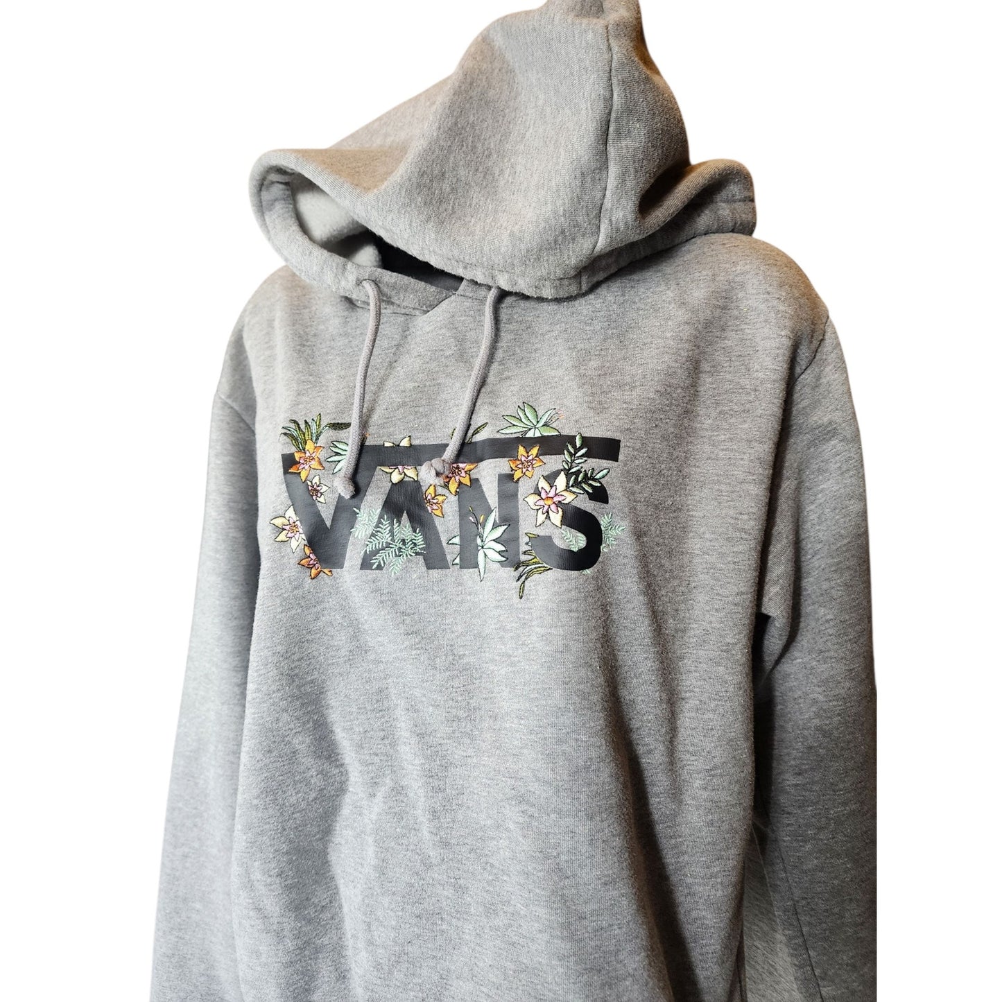 VANS Hoodie Womens Medium Floral Embroidered Raw Hem Cut Off Pullover Sweatshirt