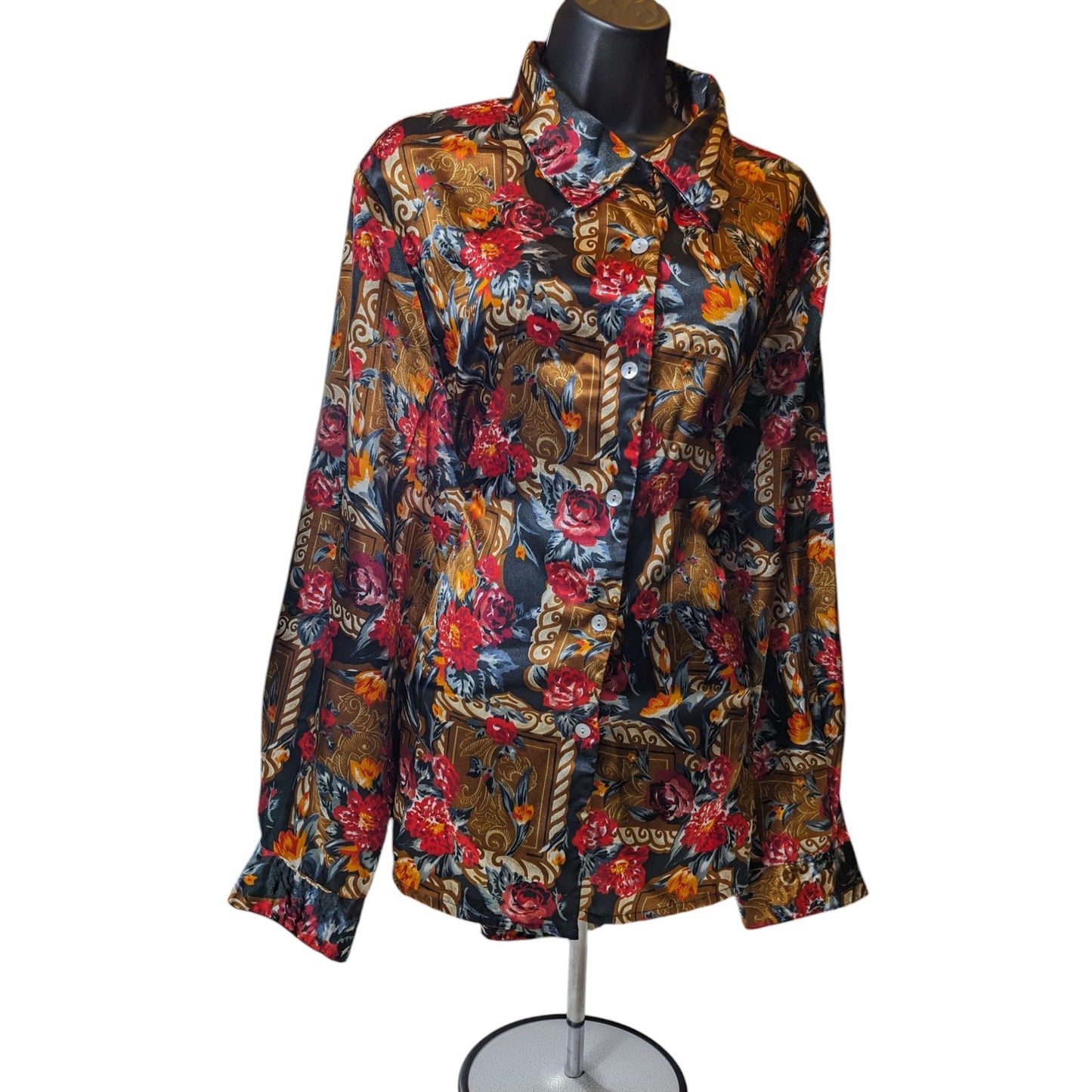 Jordan Blouse Shirt Women XL Button Floral Baroque Long Sleeve Silky Polyester