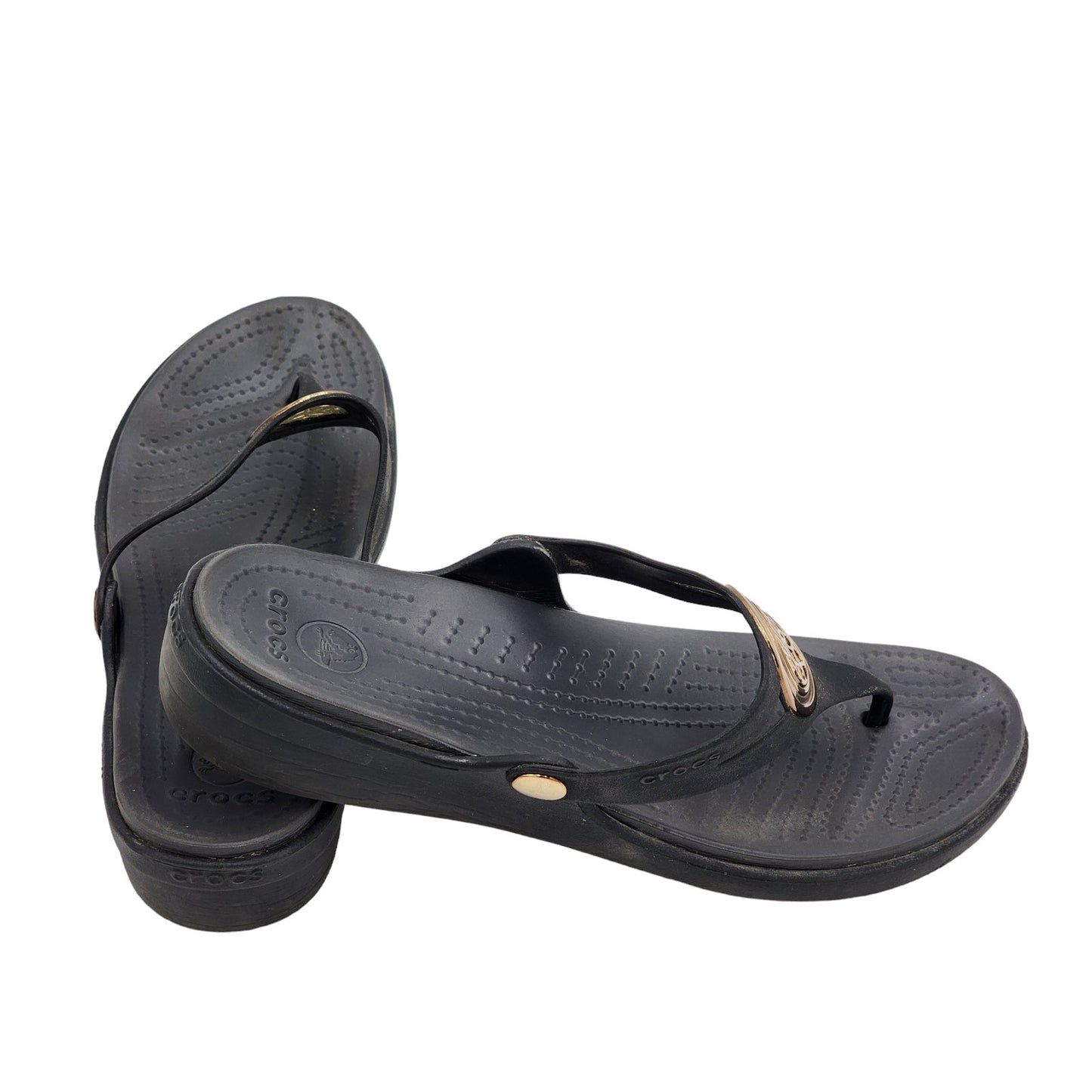 Crocs Sandals Womens 11 Black Capri V Flip Flop Gold Emblem Summer Beachwear