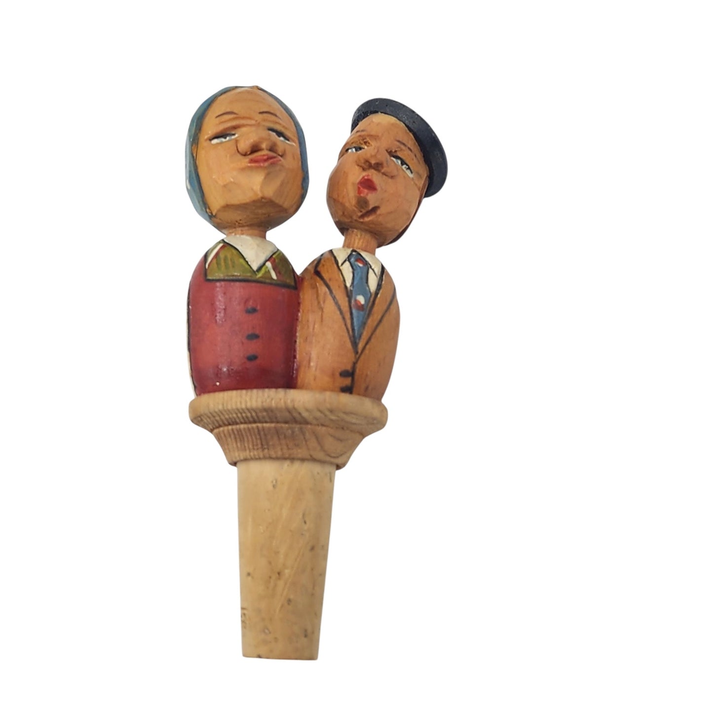 ANRI Italian HandCarved Wooden Bottle Stopper Couple Mechanical Folk Art Barware