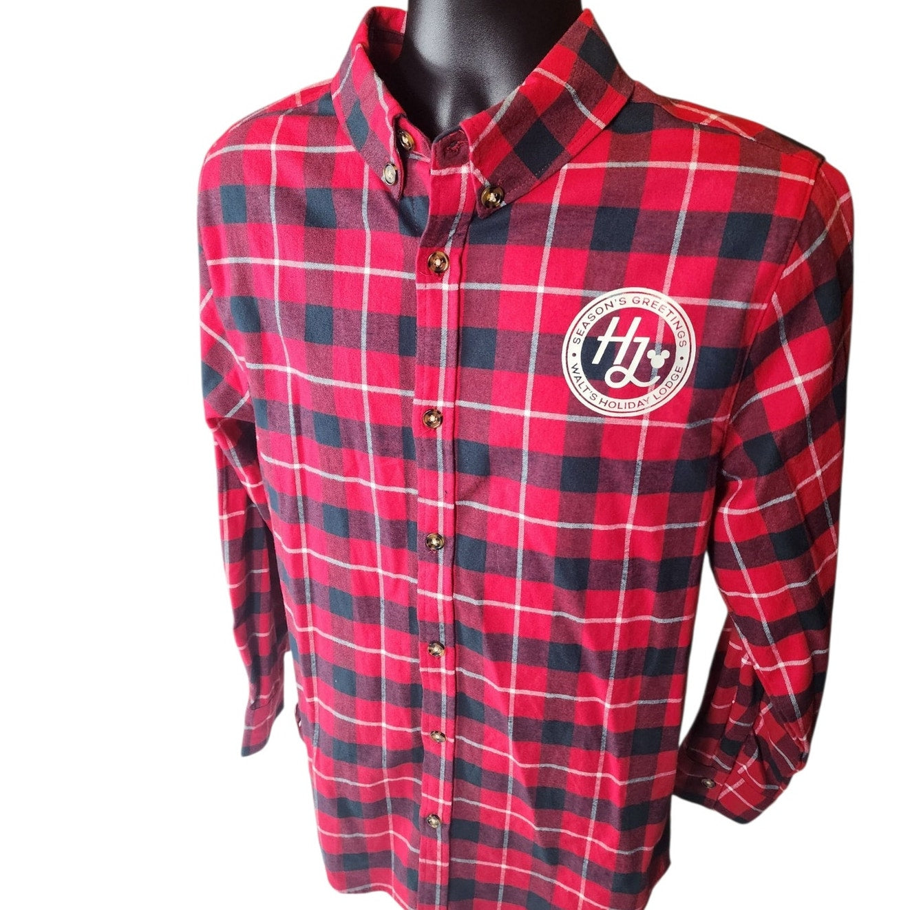 Disney Mickey Plaid Flannel Shirt Large Seasons Greeting Holiday Lodge Christmas