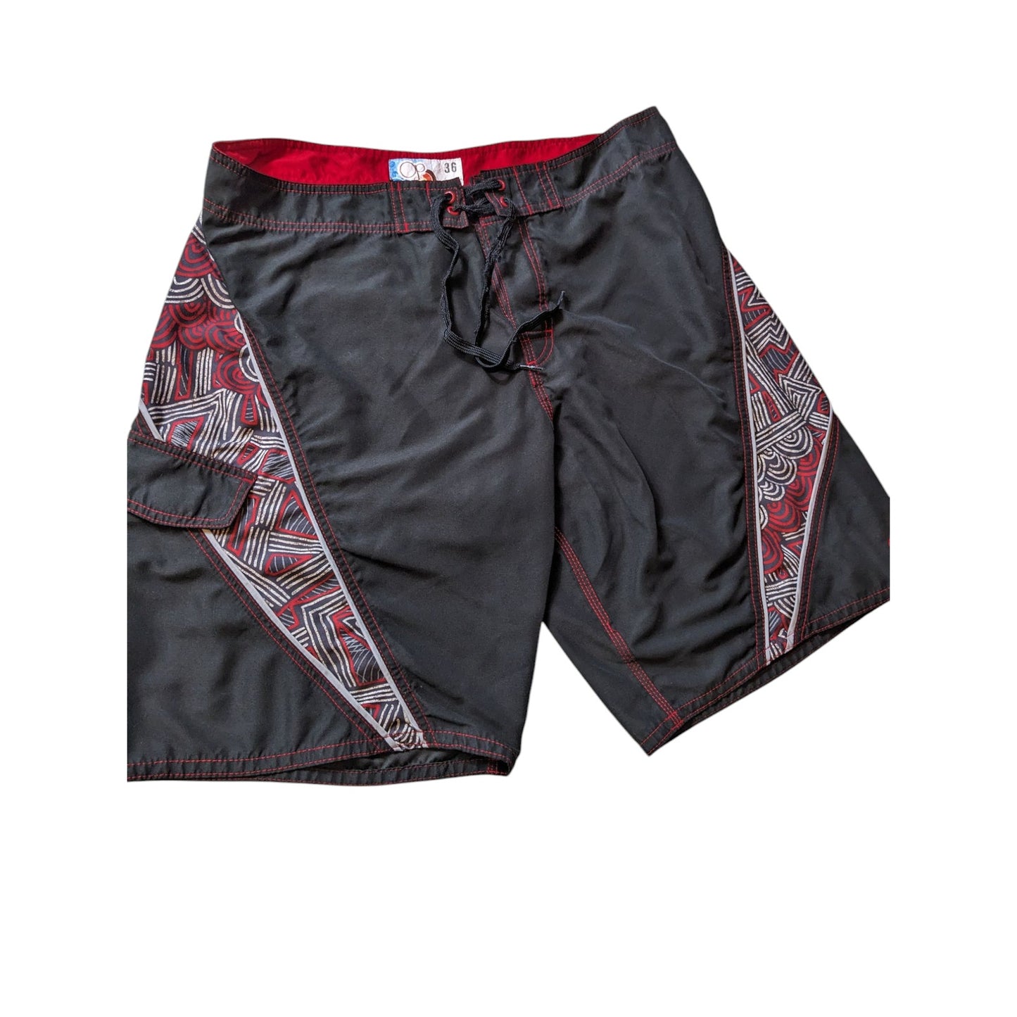 OP Board Shorts Mens 36 Black Red Tribal Print Swim Surfwear Ocean Pacific Beach