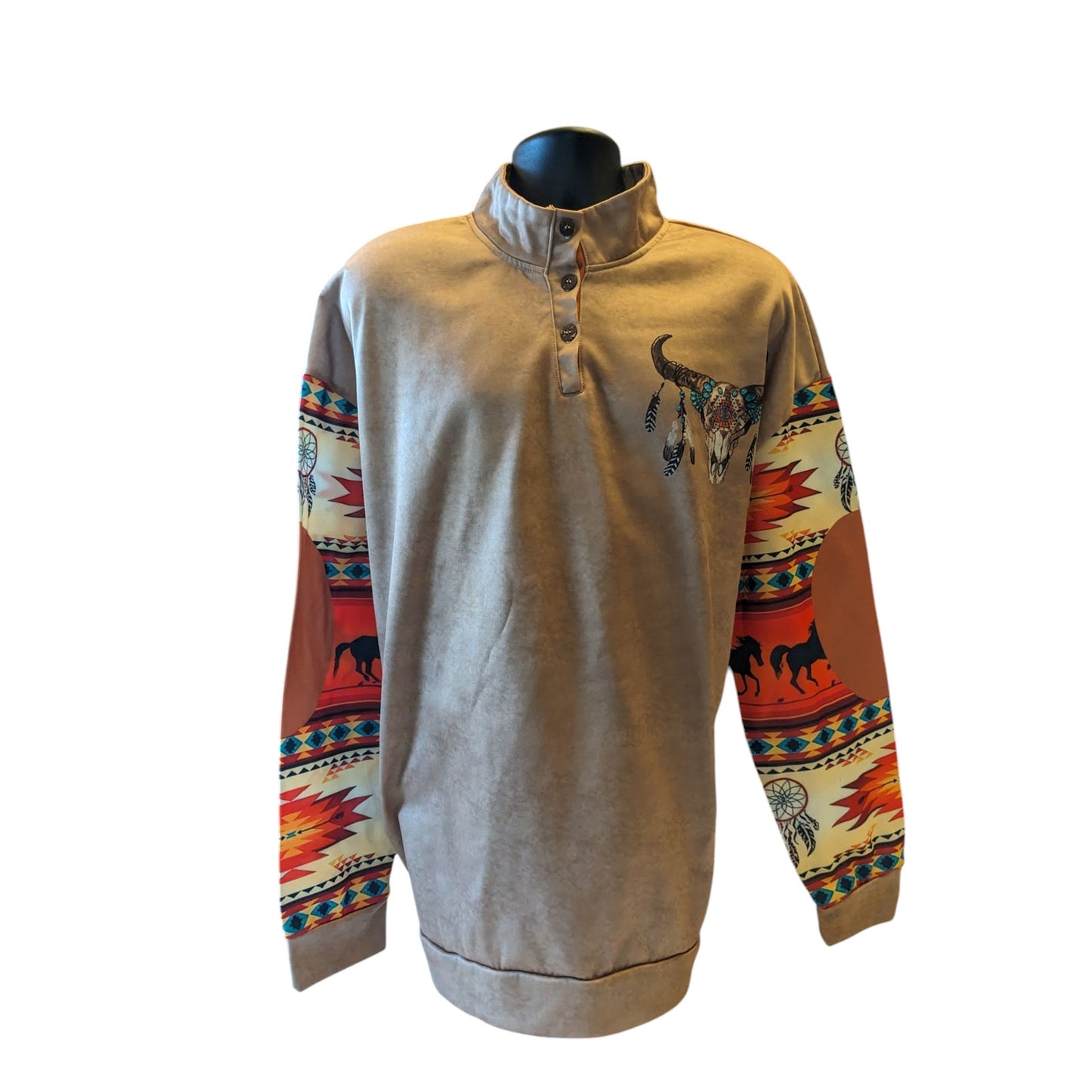 Western Pullover Shirt Sweatshirt Men 3XL Long Sleeve Aztec Skull Southwest Boho