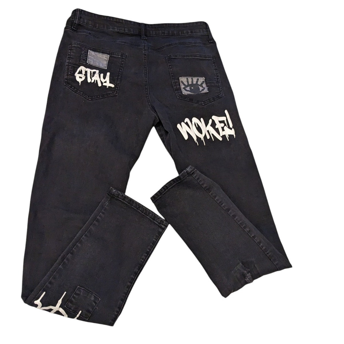 Rutherford Skinny Fit Jeans Mens 34 Distressed Graffiti Patches Streetwear Bold