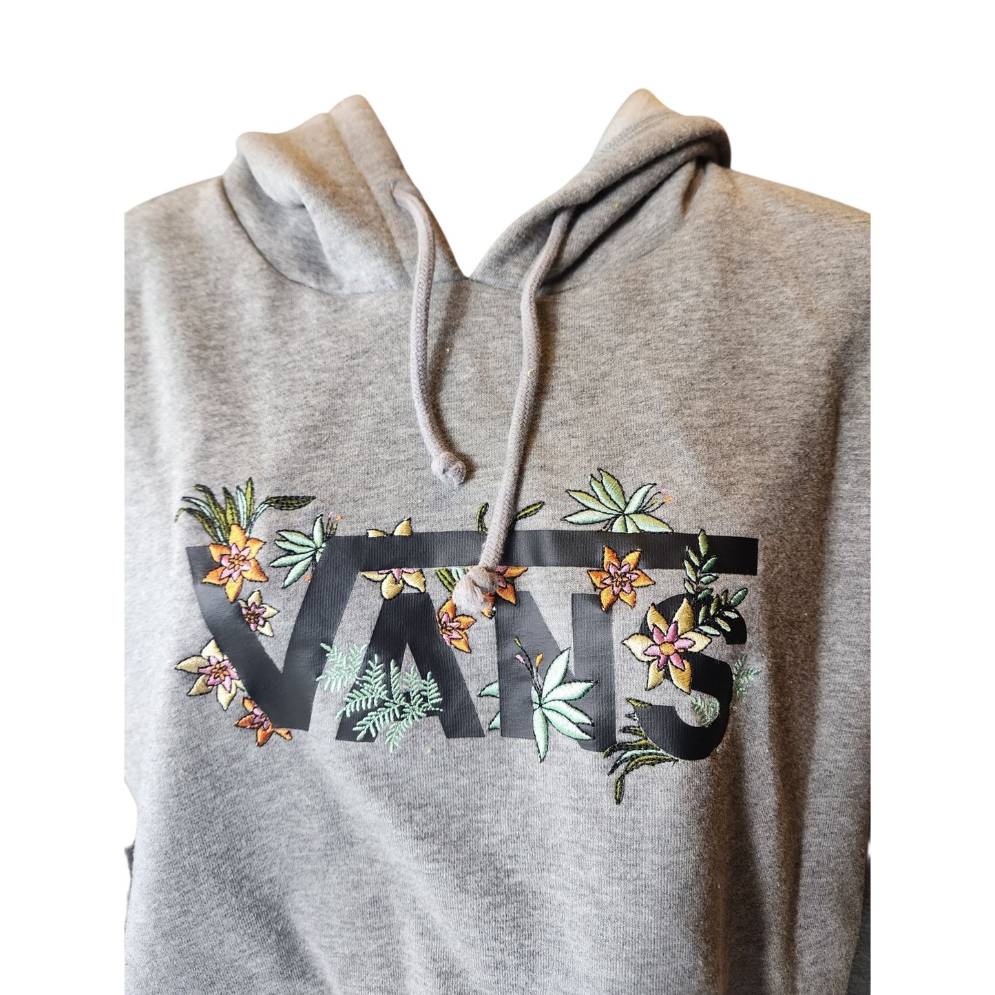 VANS Hoodie Womens Medium Floral Embroidered Raw Hem Cut Off Pullover Sweatshirt