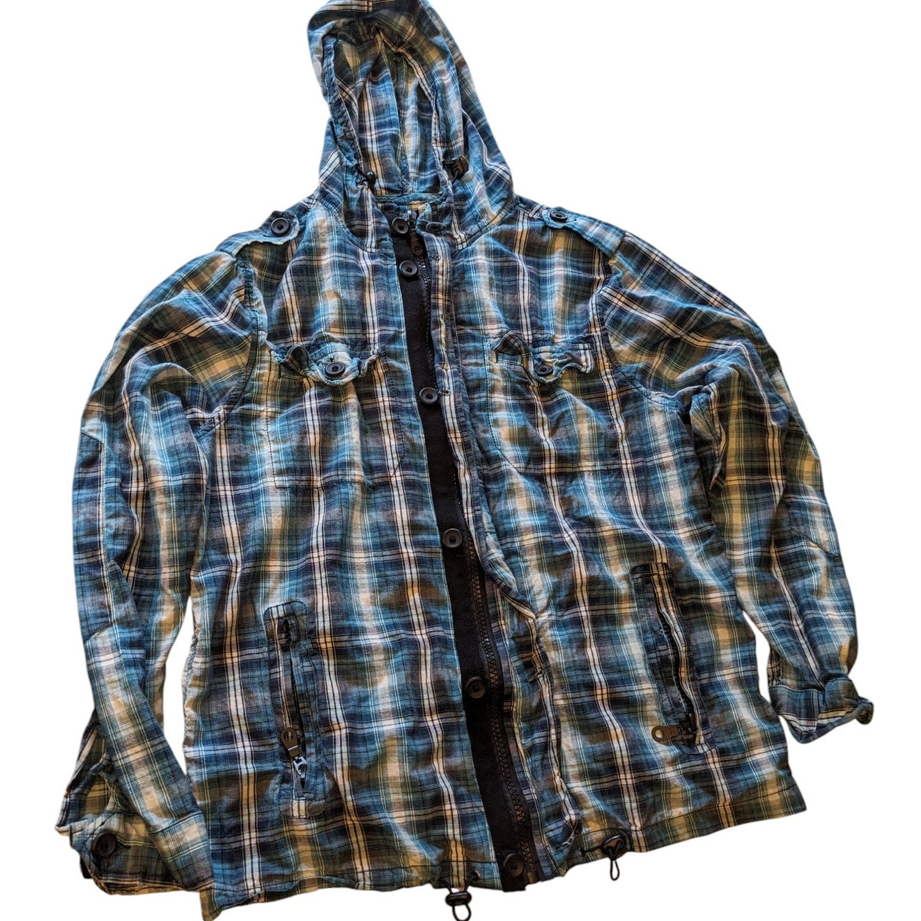 New Look Hoodie Mens Medium/Large Blue Plaid Lightweight Hooded Jacket British