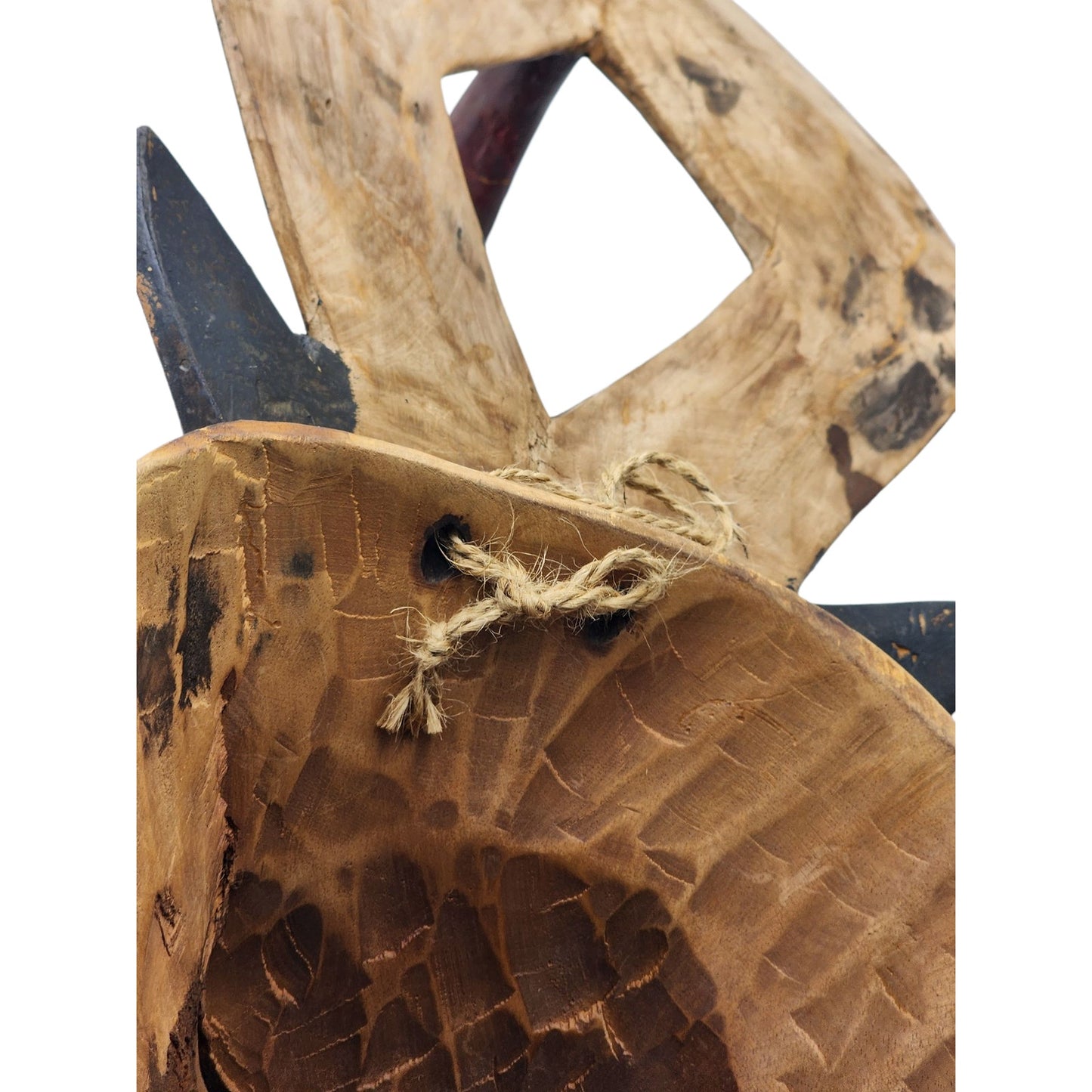 African Antelope Mask Hand Carved Wood Tribal Wall Art Rope Hanger Vintage 26"