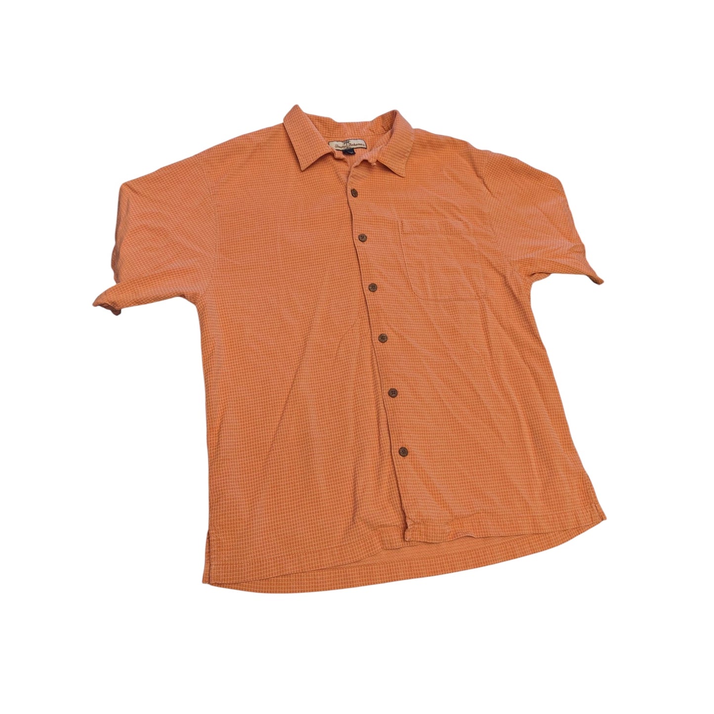Tommy Bahama Silk Shirt Mens Large Orange Check Short Sleeve Button Beach Resort