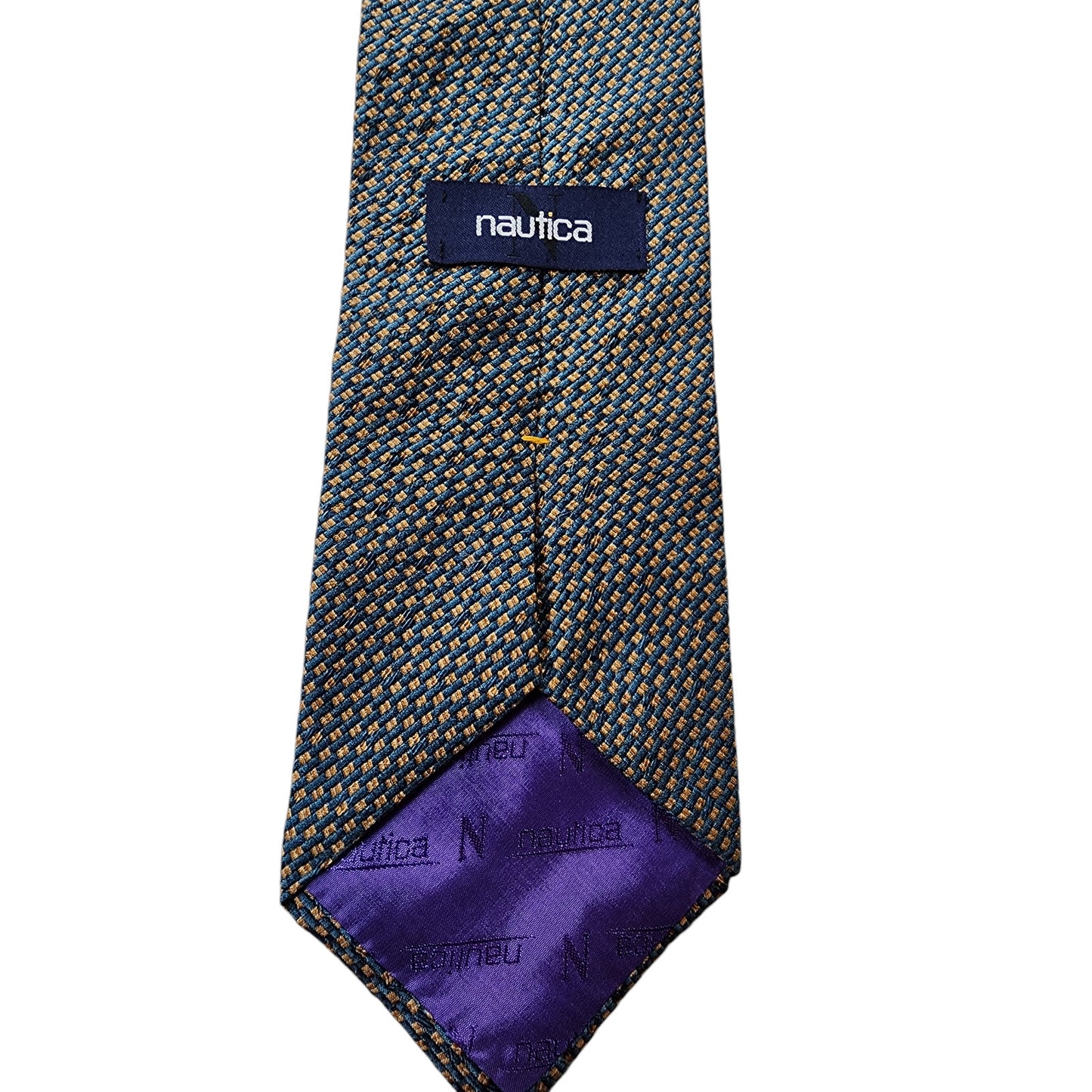 Nautica Mens Silk Tie Geometric Pattern Blue Gold Made Costa Rica Neckwear