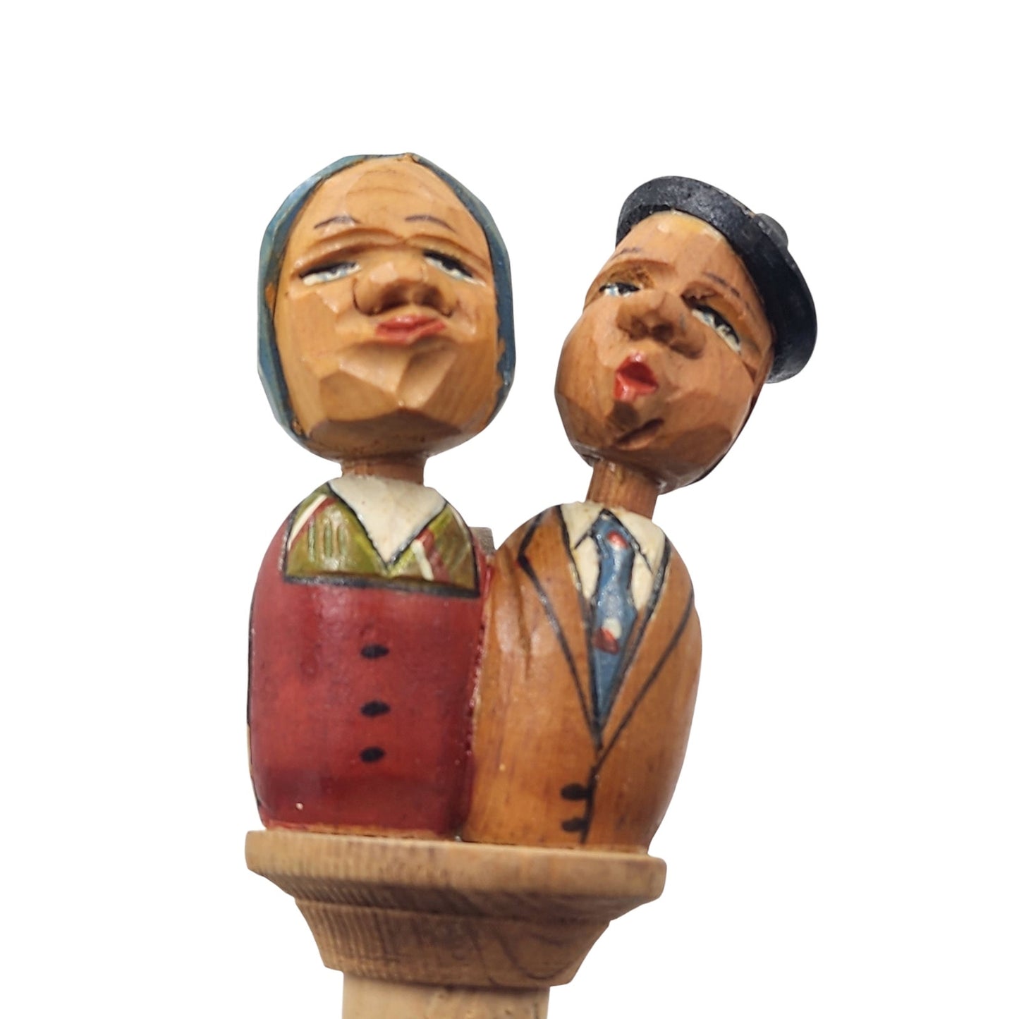 ANRI Italian HandCarved Wooden Bottle Stopper Couple Mechanical Folk Art Barware