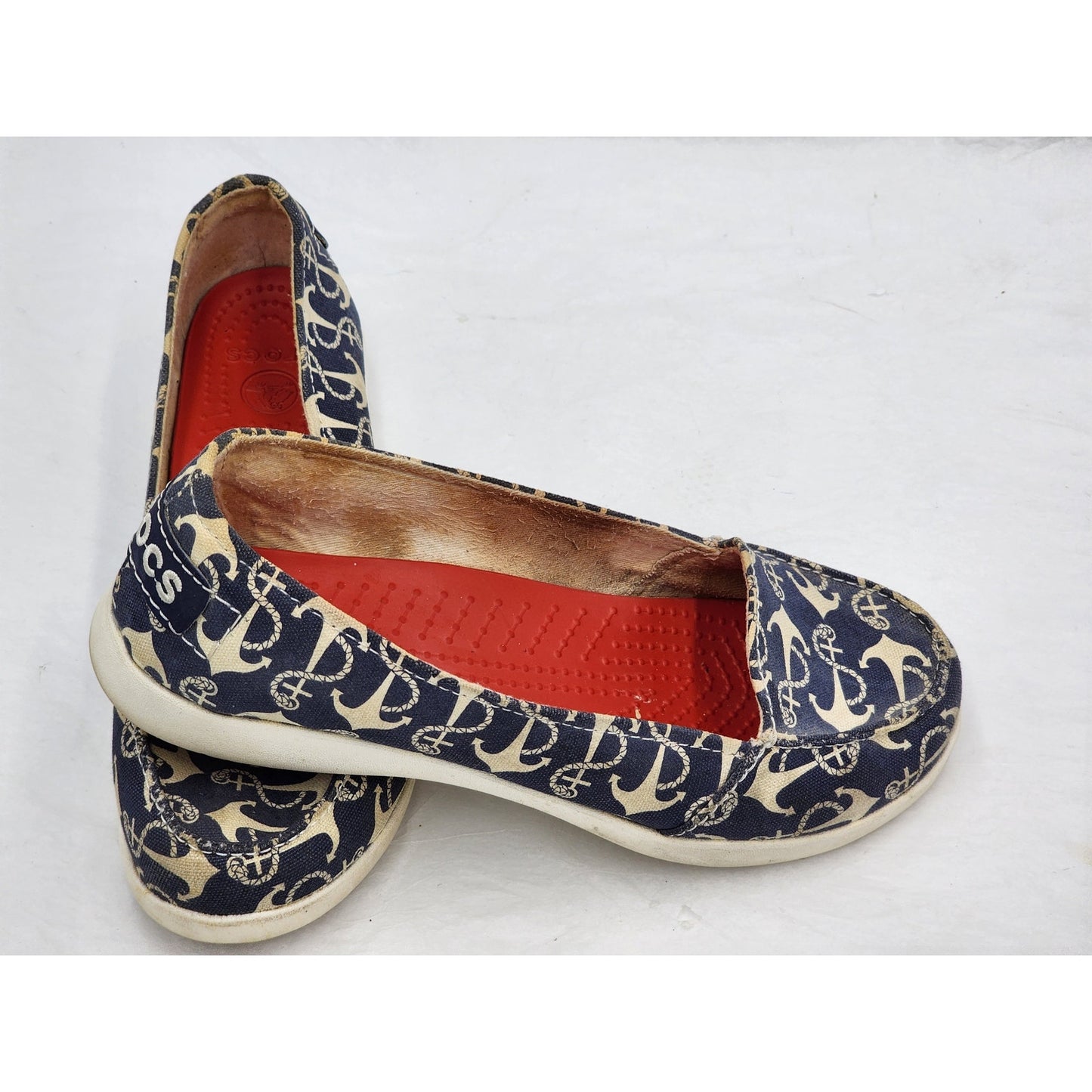 Crocs Boat Shoes Womens 8 Anchor Print Slip On Loafers Canvas Nautical Beachy