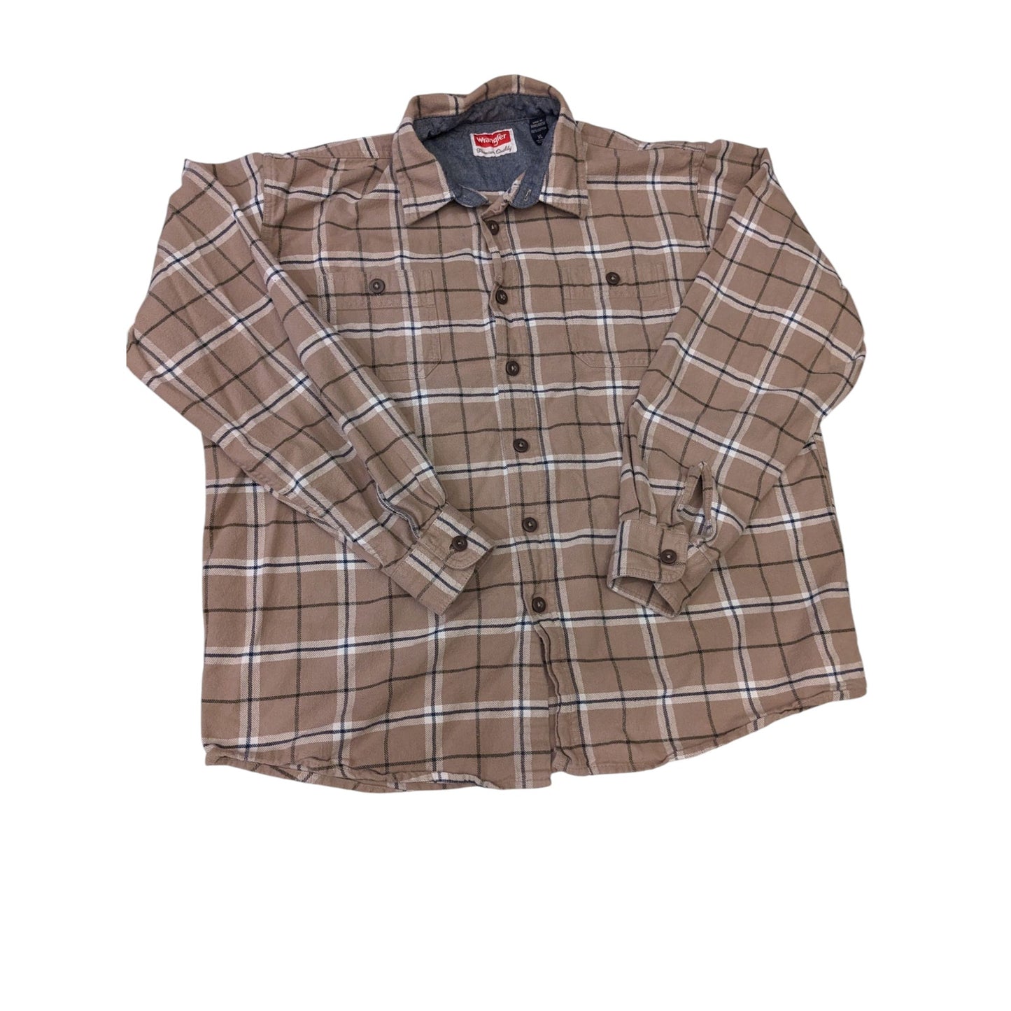 Wrangler Mens XL Brown Flannel Shirt Long Sleeve Button Down Plaid Workwear