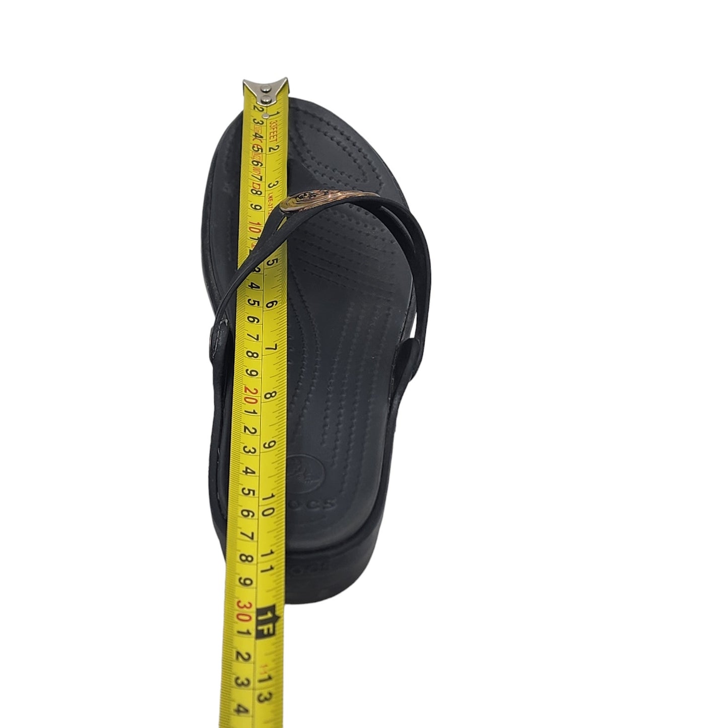 Crocs Sandals Womens 11 Black Capri V Flip Flop Gold Emblem Summer Beachwear