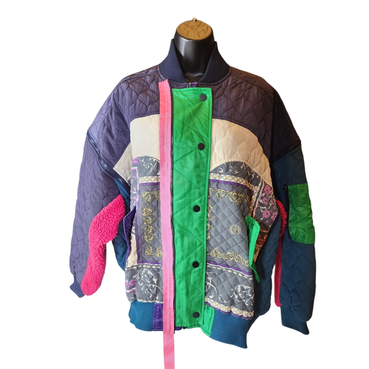 DTU Pink Colorblock Jacket M Oversized XL Quilted Patchwork Bomber Retro Street