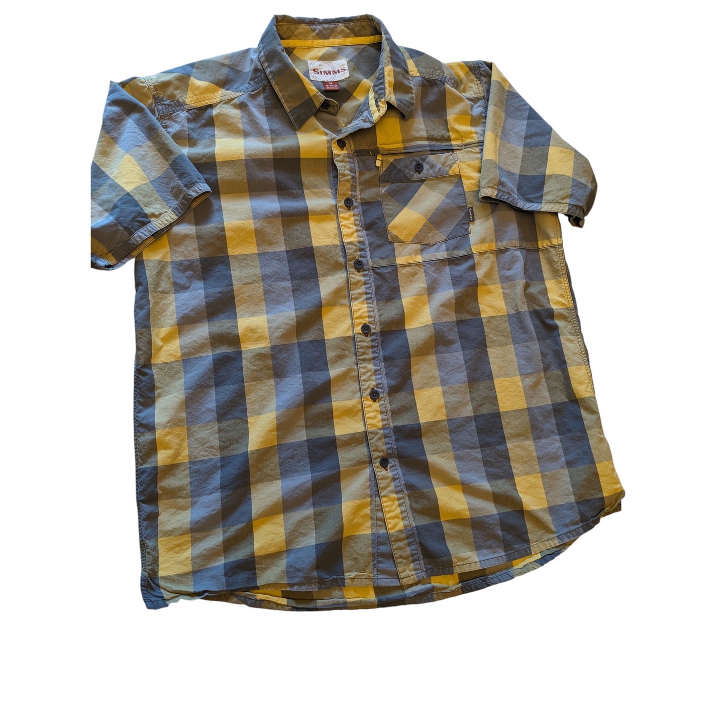 Simms Plaid Fishing Shirt Mens XL Yellow Short Sleeve Casual Outdoor Lightweight