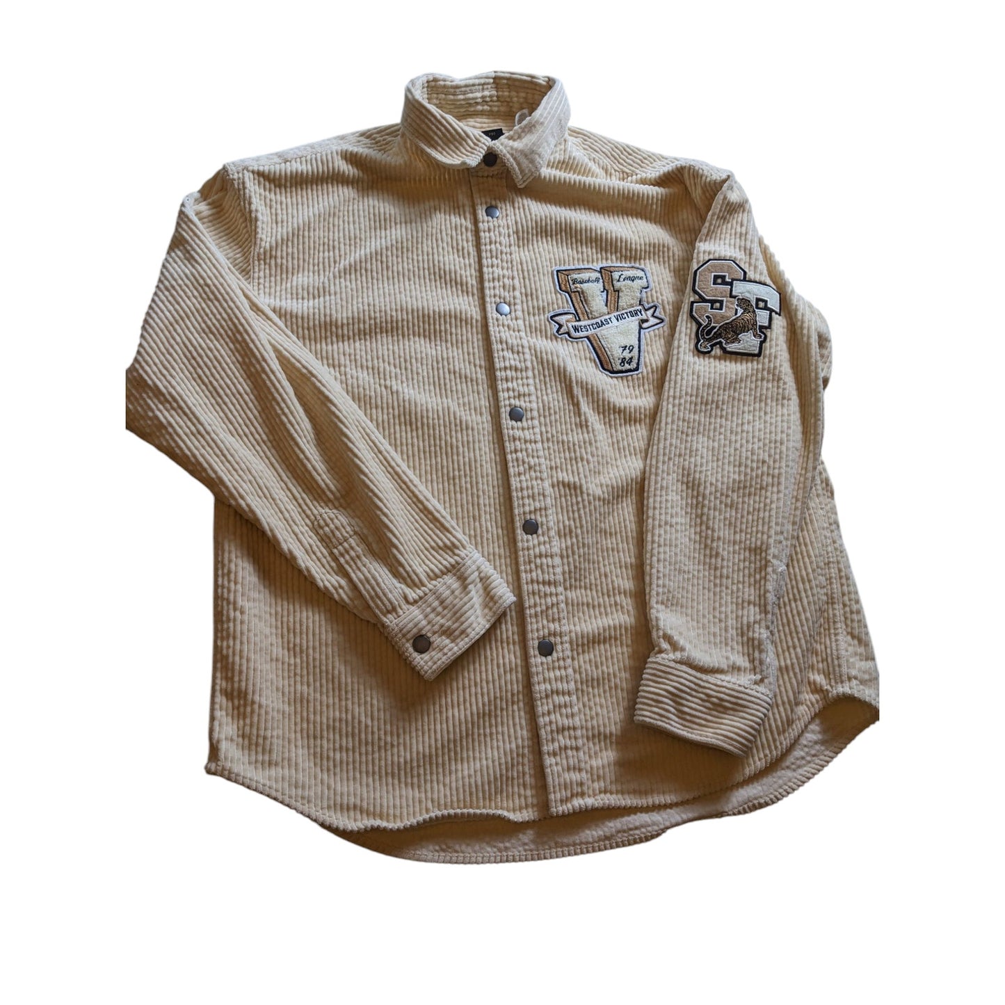 H&M Varsity Corduroy Shirt Jacket Mens Medium Snap Button Embroidered SF Tiger