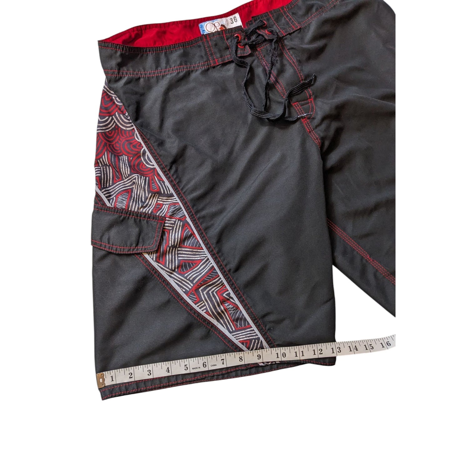 OP Board Shorts Mens 36 Black Red Tribal Print Swim Surfwear Ocean Pacific Beach