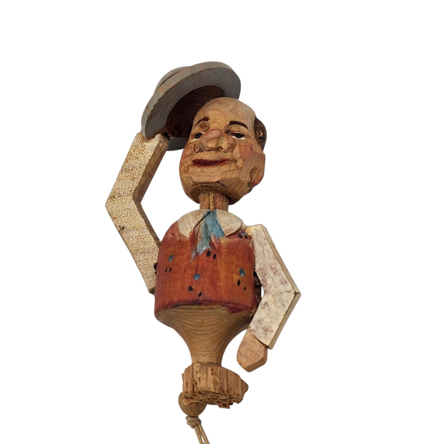 Vintage ANRI Italian Hand Carved Wooden Movable Arm Hat FolkArt Barware Stopper