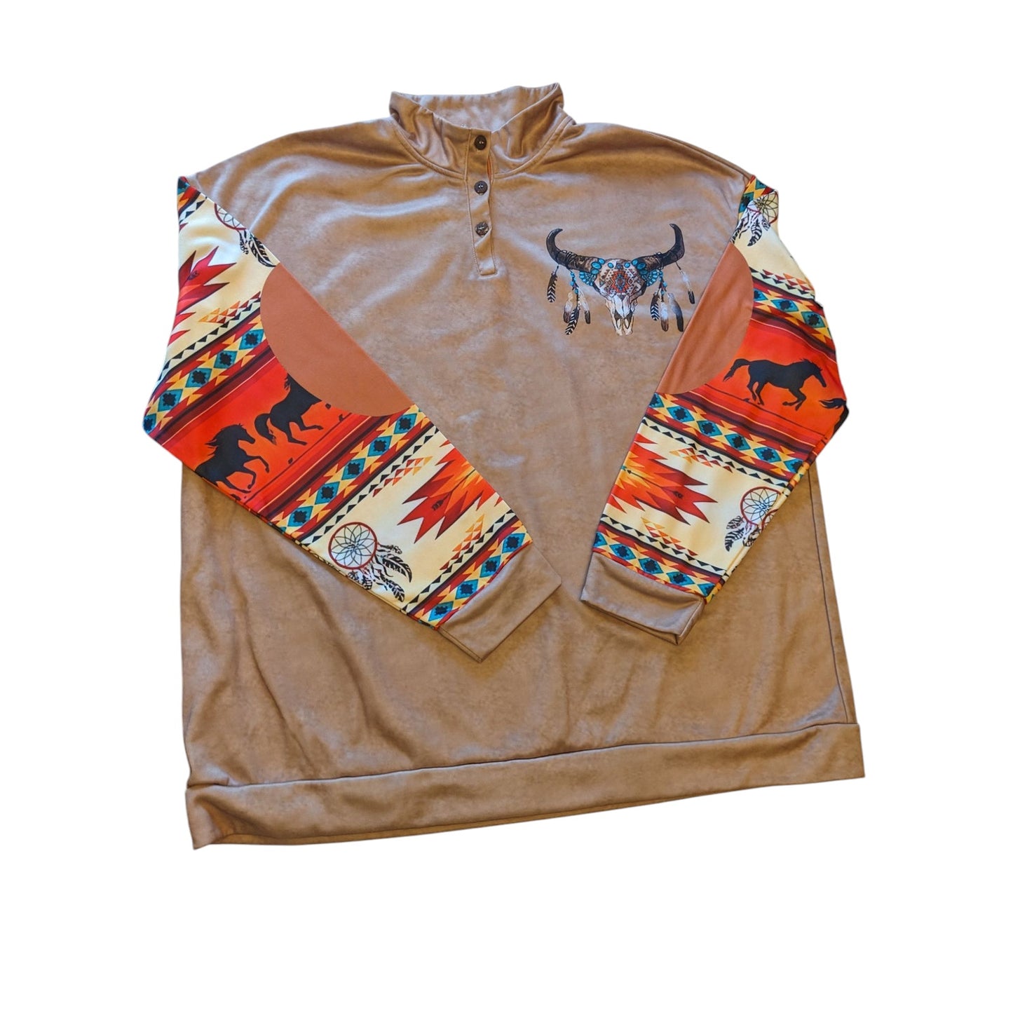 Western Pullover Shirt Sweatshirt Men 3XL Long Sleeve Aztec Skull Southwest Boho