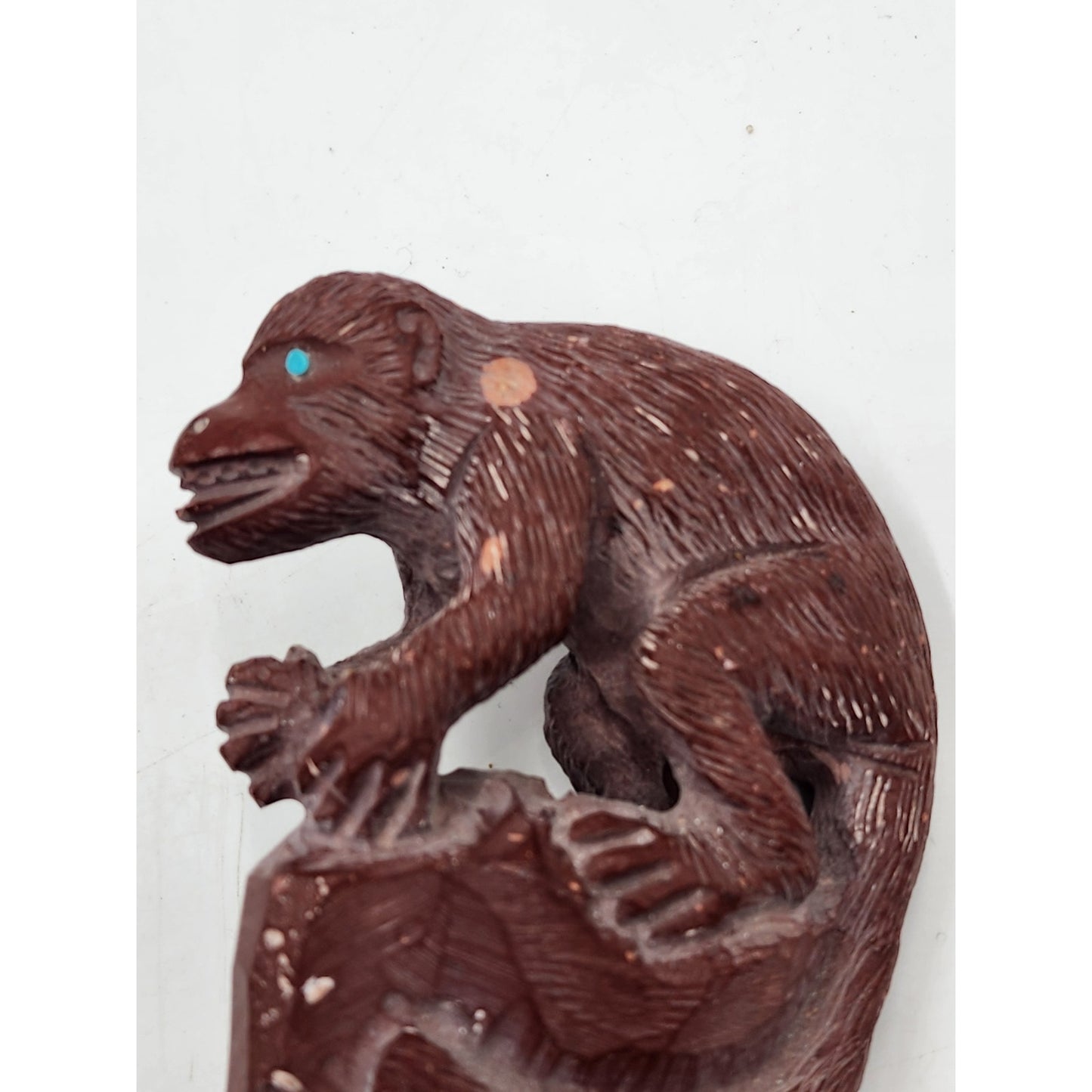 Native American Zuni Monkey Fetish Derrick Kaamasee Pipestone Carve Turquoise 4"