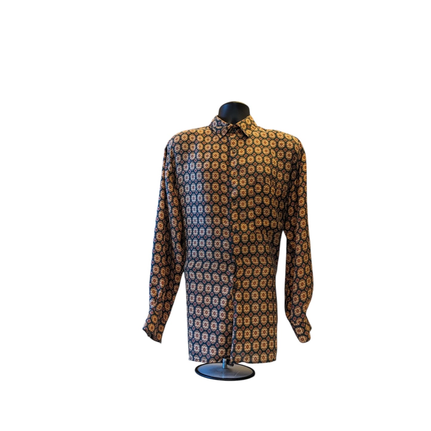 Robert Stock Silk Shirt Men Large Vintage Long Sleeve Button Geometric Paisley