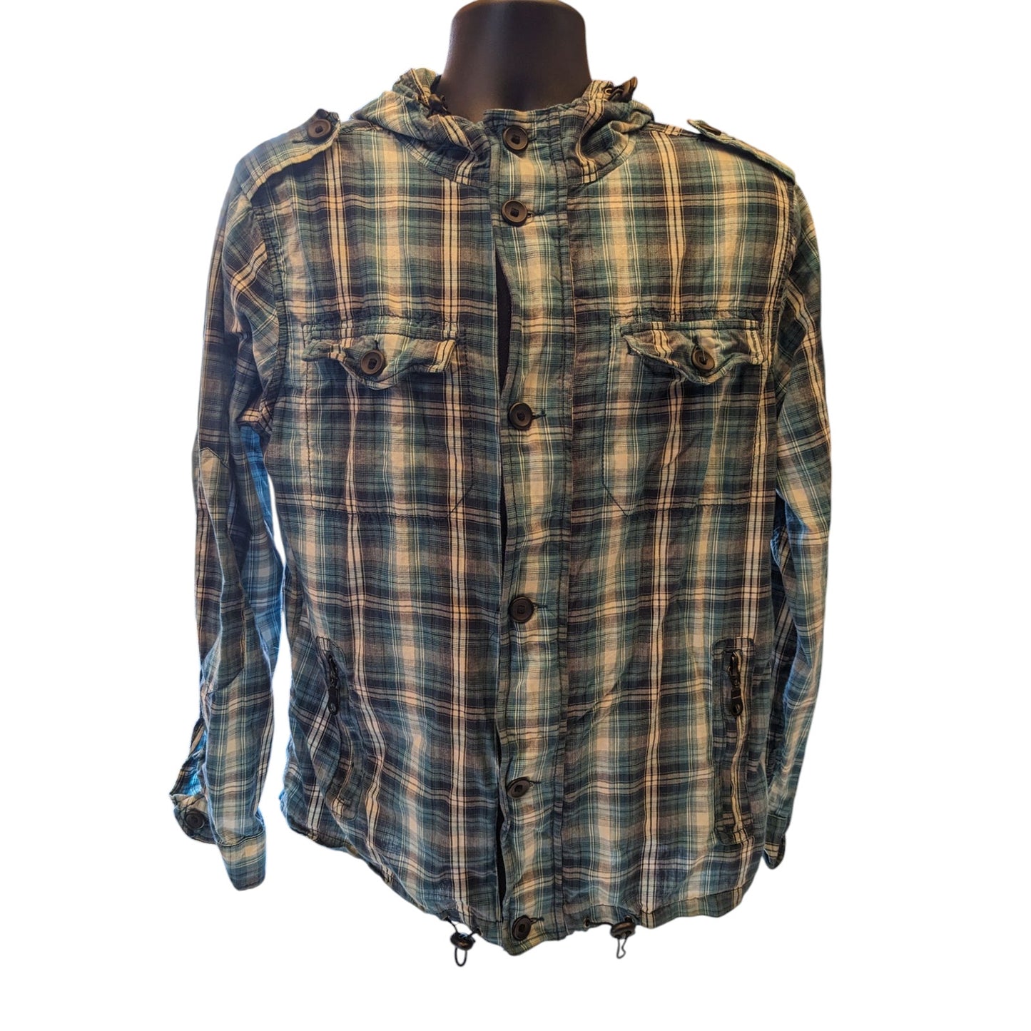 New Look Hoodie Mens Medium/Large Blue Plaid Lightweight Hooded Jacket British