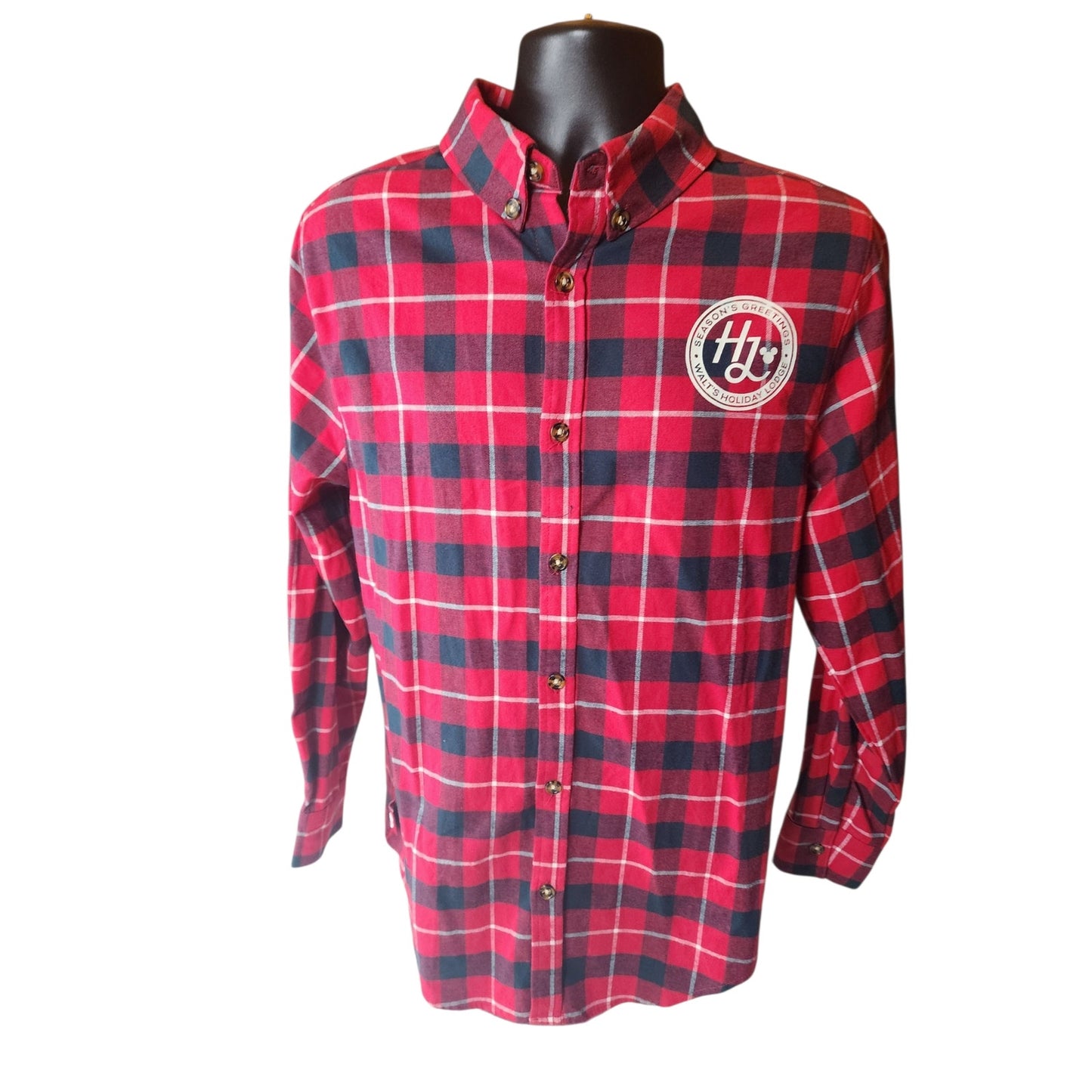 Disney Mickey Plaid Flannel Shirt Large Seasons Greeting Holiday Lodge Christmas