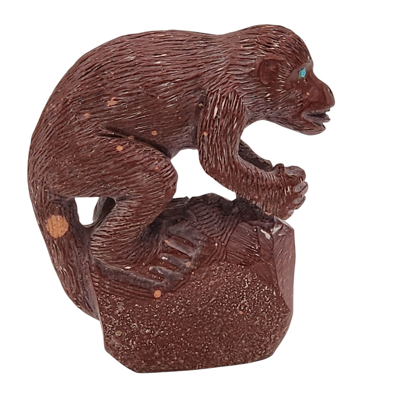 Native American Zuni Monkey Fetish Derrick Kaamasee Pipestone Carve Turquoise 4"