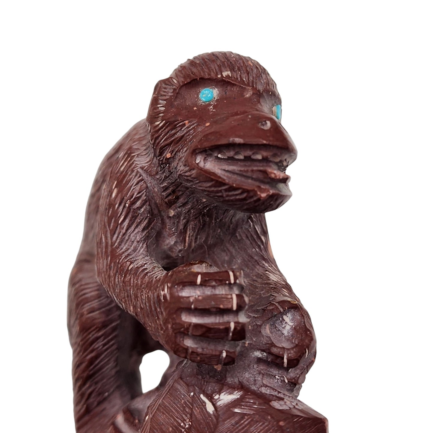 Native American Zuni Monkey Fetish Derrick Kaamasee Pipestone Carve Turquoise 4"