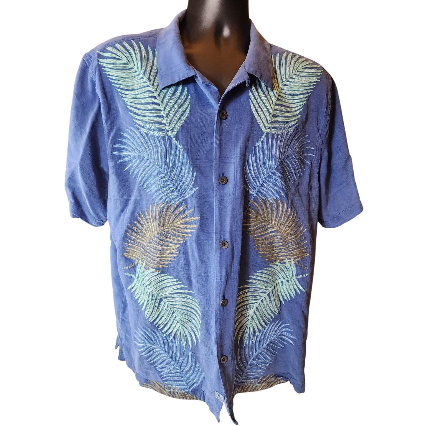 Tommy Bahama Silk Camp Shirt Large Palm Frond Aloha Top Island Vacation Hawaiian
