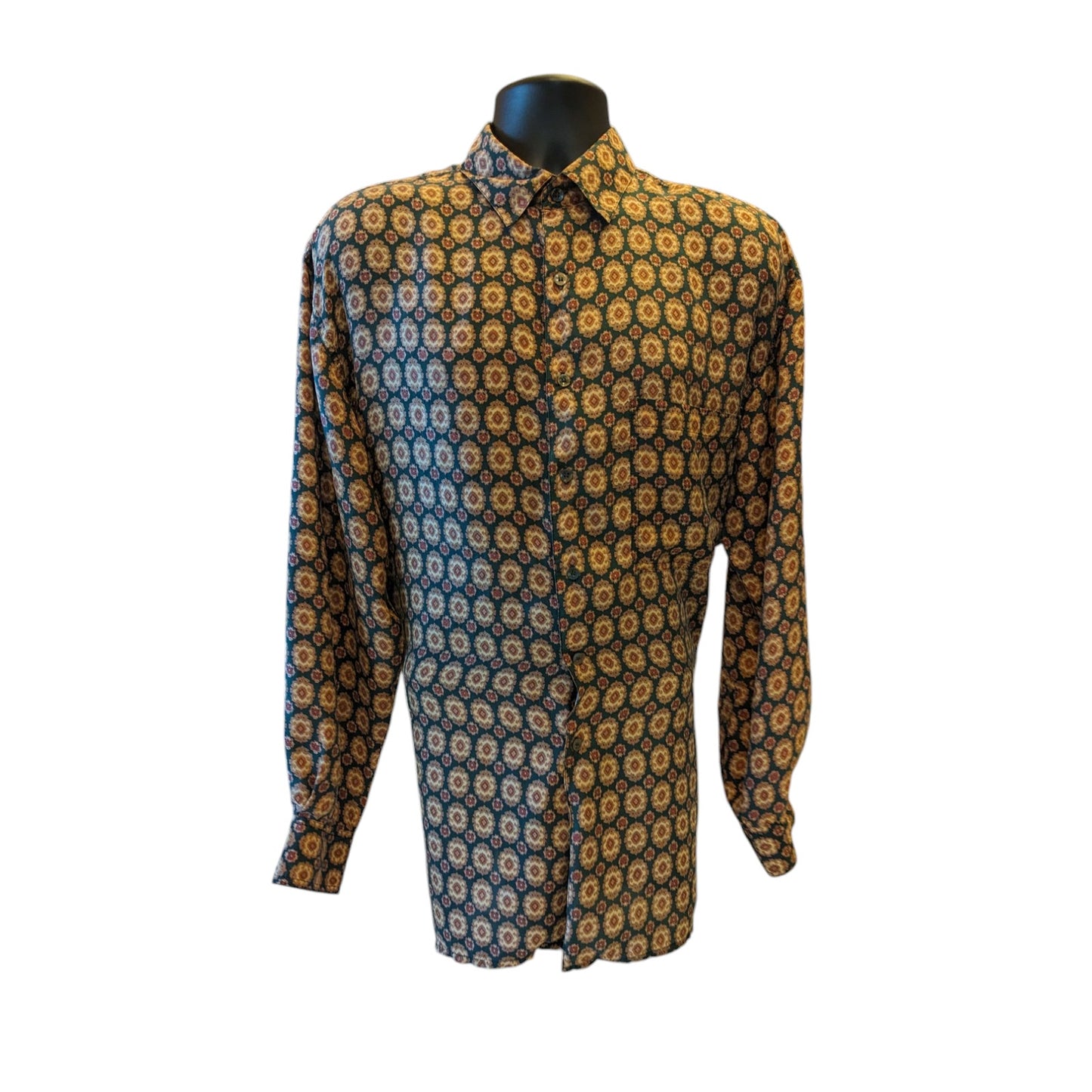 Robert Stock Silk Shirt Men Large Vintage Long Sleeve Button Geometric Paisley