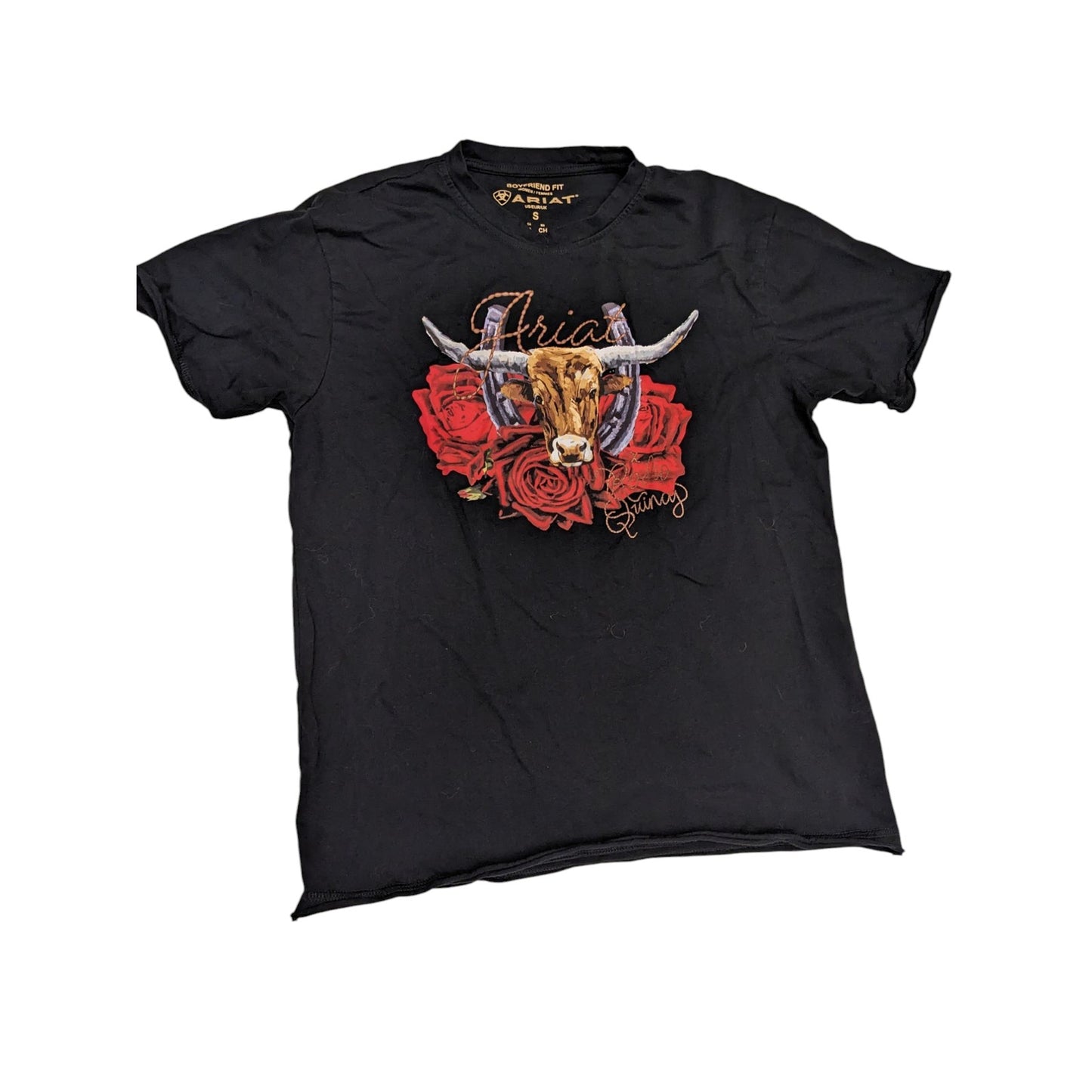 Ariat Western T Shirt Women Small Boyfriend Longhorn Roses Tee Rodeo Cowgirl Top