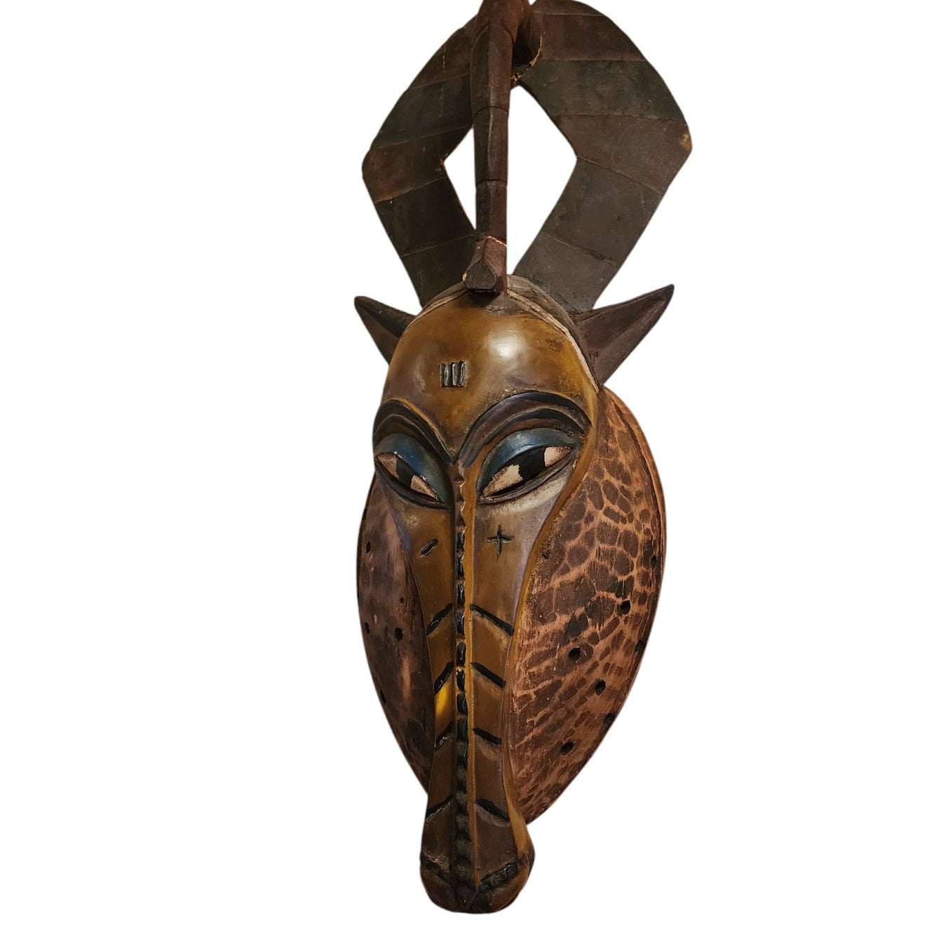 African Antelope Mask Hand Carved Wood Tribal Wall Art Rope Hanger Vintage 26"