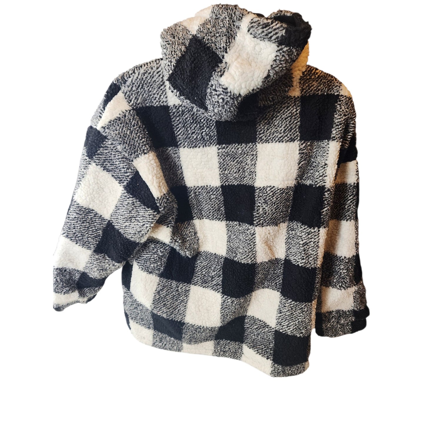 Buffalo Check Sherpa Fleece Jacket Large Black White Plaid Zip Hooded Coat Cozy