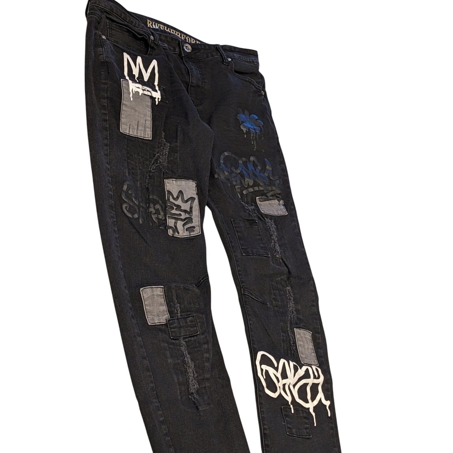 Rutherford Skinny Fit Jeans Mens 34 Distressed Graffiti Patches Streetwear Bold
