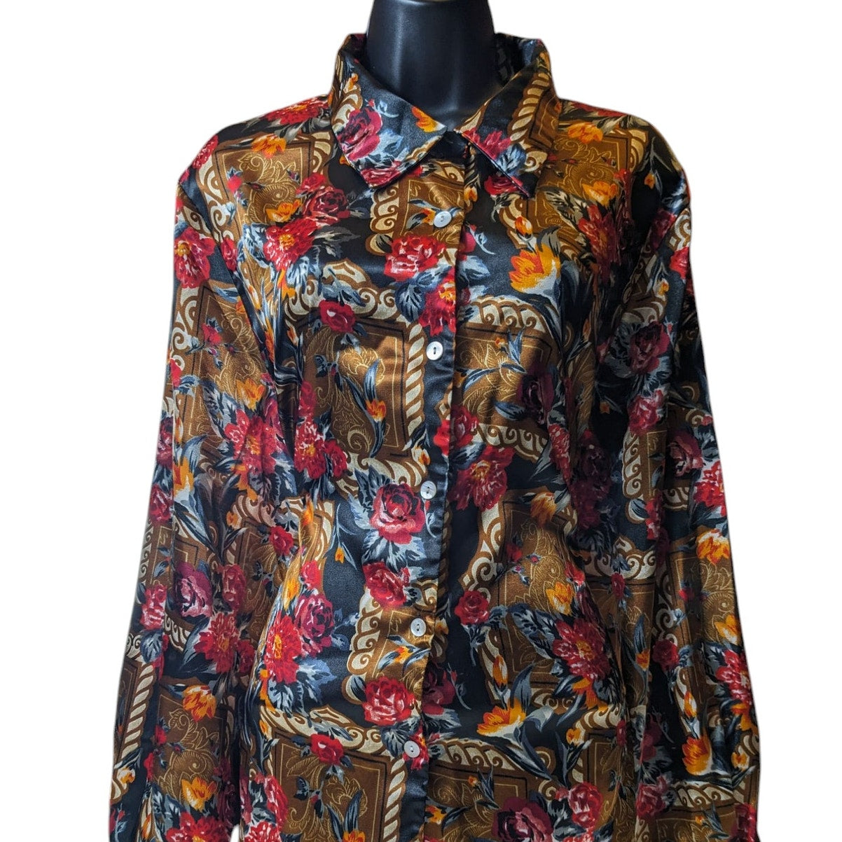 Jordan Blouse Shirt Women XL Button Floral Baroque Long Sleeve Silky Polyester