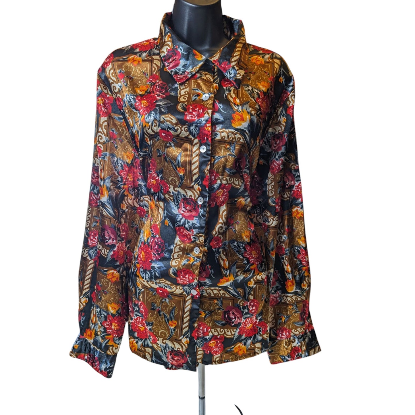 Jordan Blouse Shirt Women XL Button Floral Baroque Long Sleeve Silky Polyester
