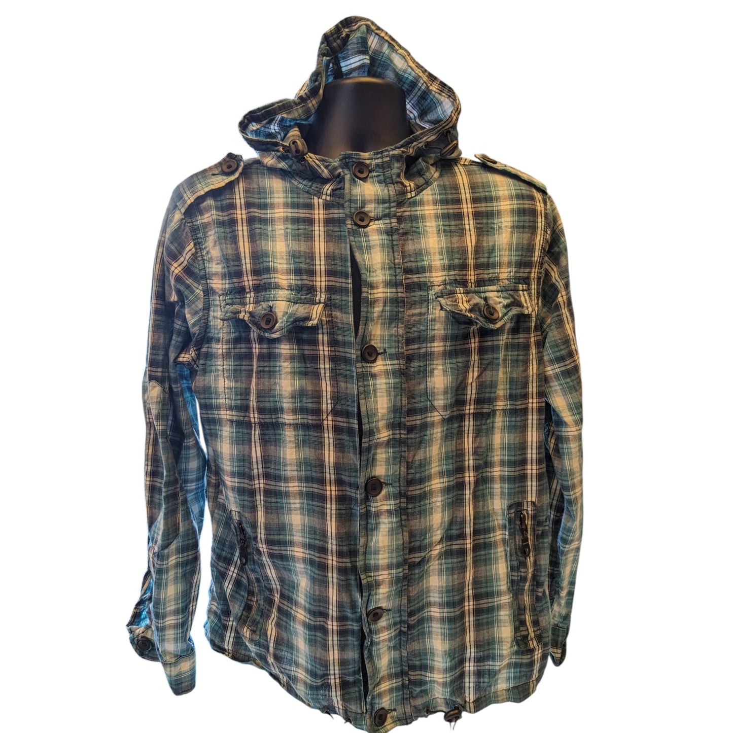 New Look Hoodie Mens Medium/Large Blue Plaid Lightweight Hooded Jacket British
